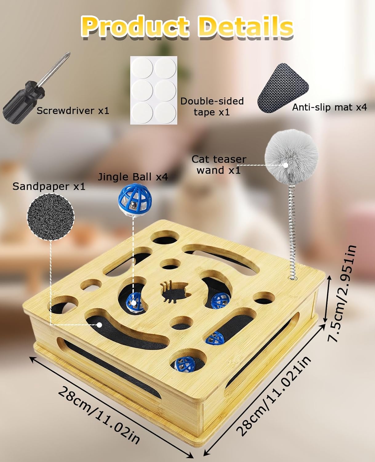 Cat Nail File Scratcher Enrichment Box, Wooden Cat Scratch Puzzle Box, Toy Scratcher with Sandpaper Inside