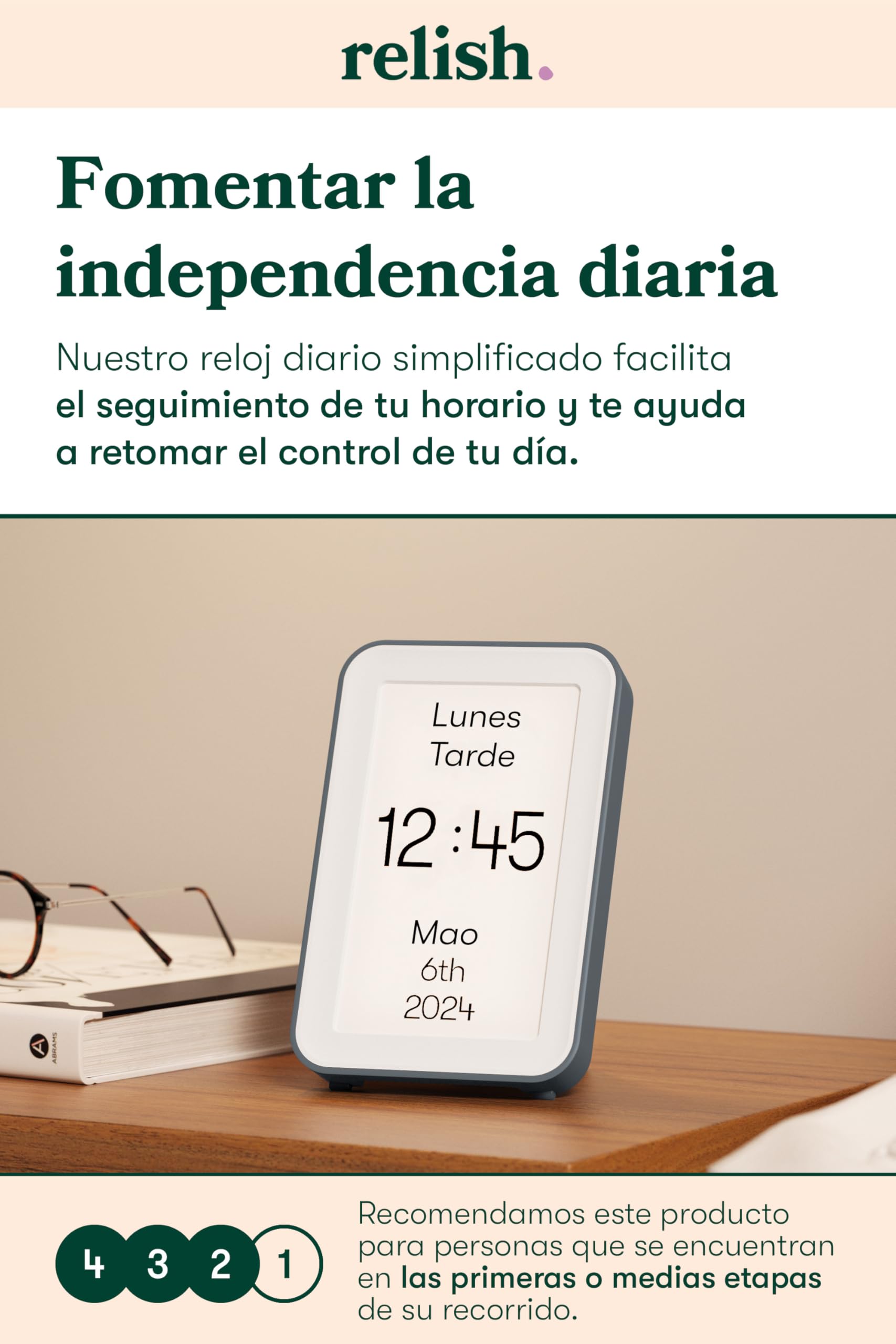 Relish - Reloj de demencia con conexión de día, calendario digital con día, fecha y hora, pantalla grande clara, opciones personalizadas