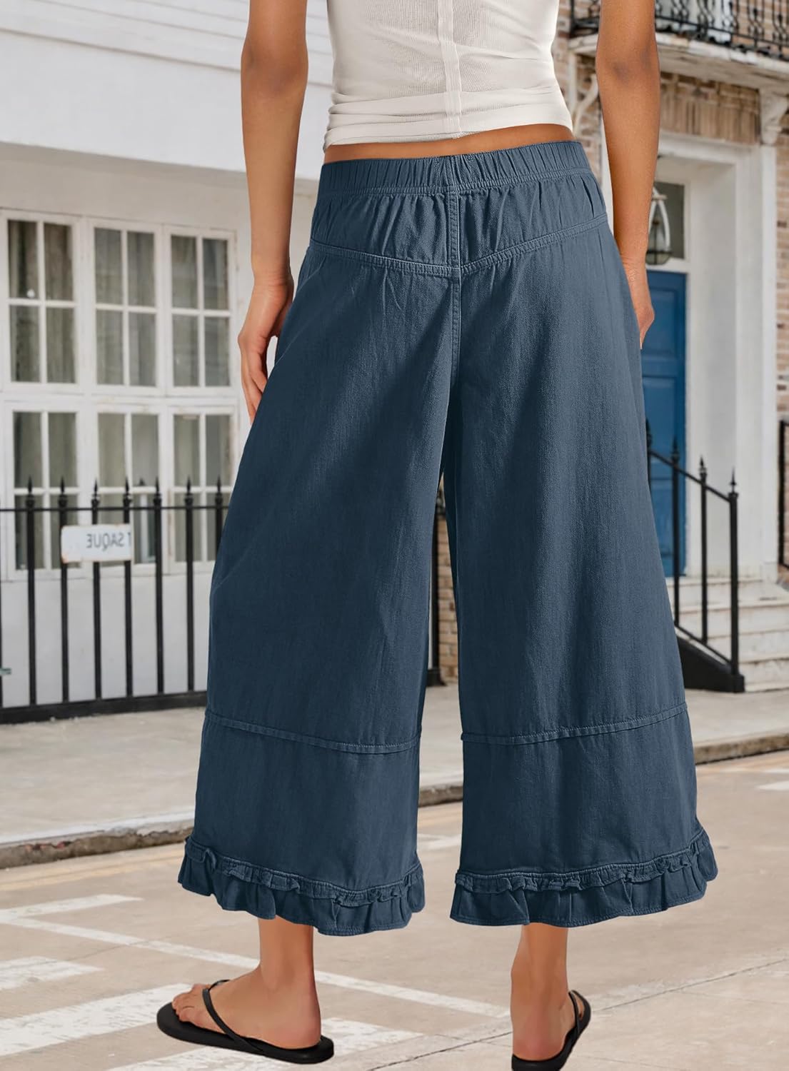 Panadila Womens Wide Leg Jeans Ruffle Cropped Pants Elastic Waist Flare Capri Jeans Baggy Denim Pants