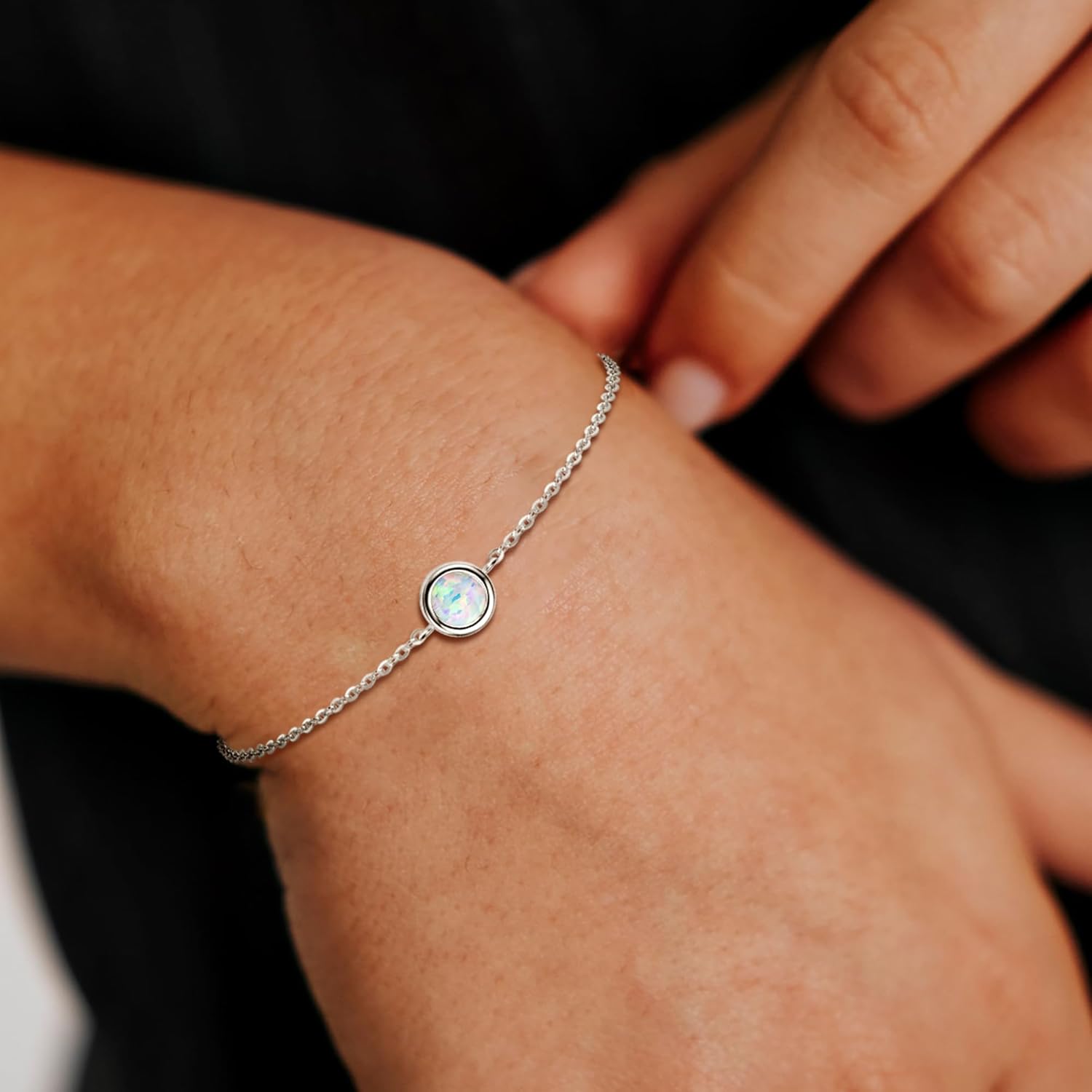 YUNKAI Sterling Silver Opal Bracelet for Women, 6.5"+2" Adjustable Opal Link Bracelet, White/Golden Dainty Hypoallergenic October Birthstone Jewelry Gift for Her