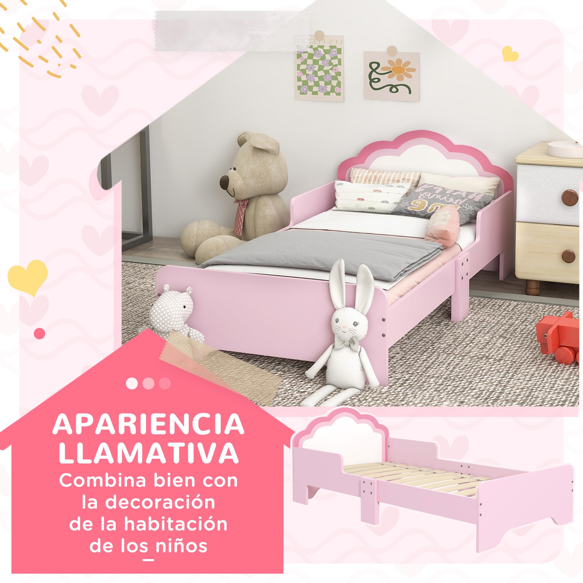 ZONEKIZ Cama Infantil 70x140 cm, Cama para Niños con Barrera Anticaídas y Somier, Cabecero en Forma de Nube, Rosa