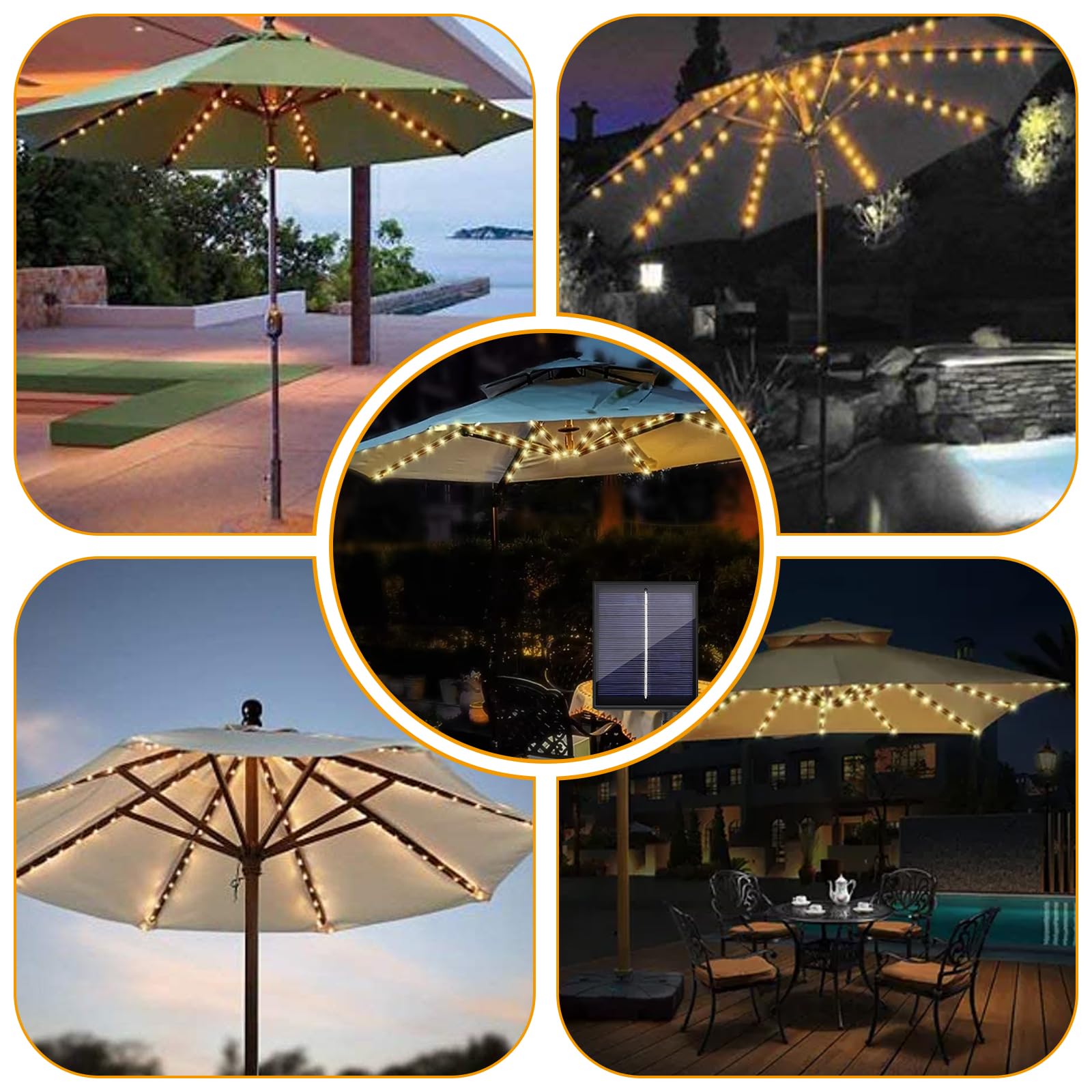 Éclairage solaire pour parasol, guirlande lumineuse pour parasol, guirlande lumineuse avec 104 LED, guirlande lumineuse de parasol de jardin avec télécommande pour décoration de parasol, tentes de