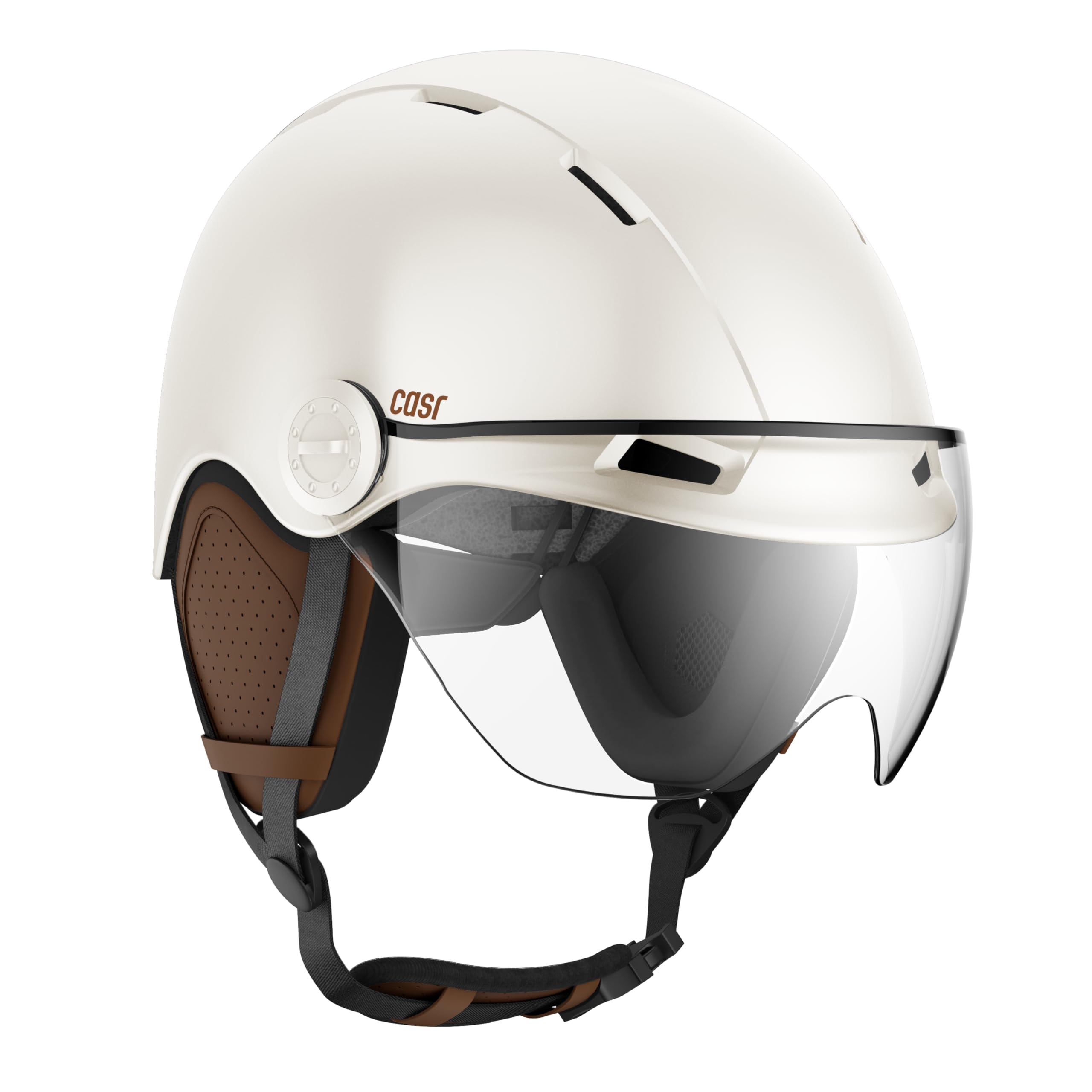 CASR Style - Casque Lifestyle Urbain pour Vélo & Trottinette Electrique - Visière Transparente & Cache-​Oreille Amovibles - Confort Optimal pour Homme & Femme - Crème - Taille L