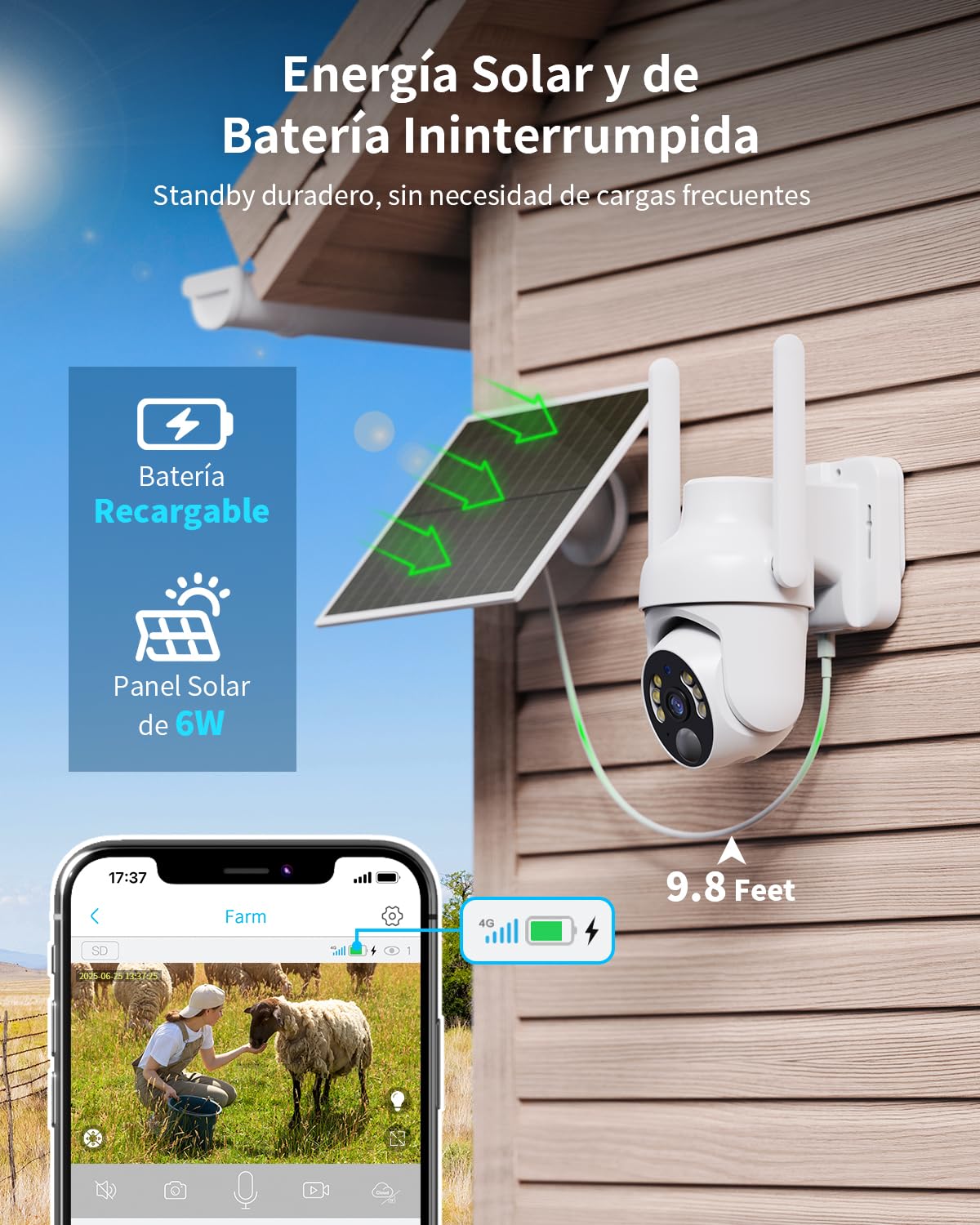SEHMUA 4G LTE Camara Vigilancia Exterior con Panel Solar, 2K 360° PTZ Camara con Tarjeta SIM Inalámbrica, PIR Detección de Movimiento, Visión Nocturna en Color, Audio Bidireccional, IP66, 2 Unidad