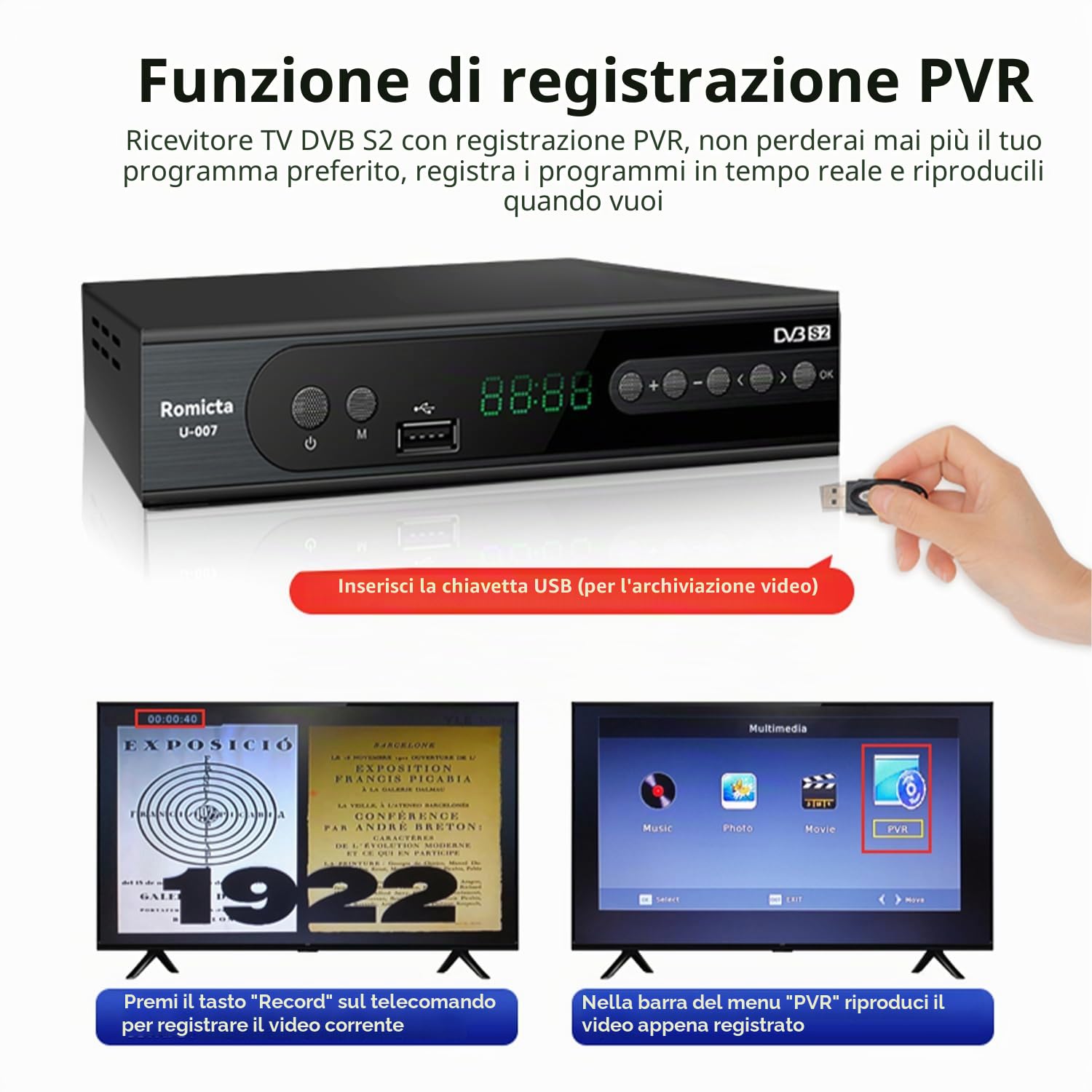 Romicta Ricevitore HD per satelliti, ricevitore satellitare con HDMI, DVB-S/S2, PVR, EPG, SCART, lettore multimediale USB, HDTV, YouTube, Meteo, Nero - HDTV satellitare