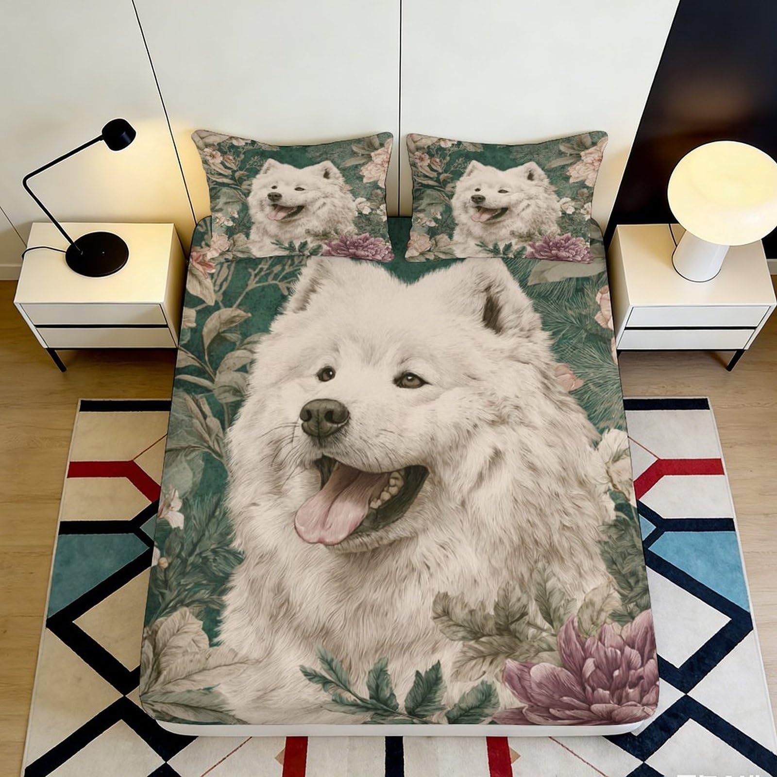 3D Printed Samoyed Dog Pattern Fitted Sheet Microfiber Soft Durable Green Floral Bed Cover for Bedroom Dormitory Guest Room Mattress Protection 180x200x25cm
