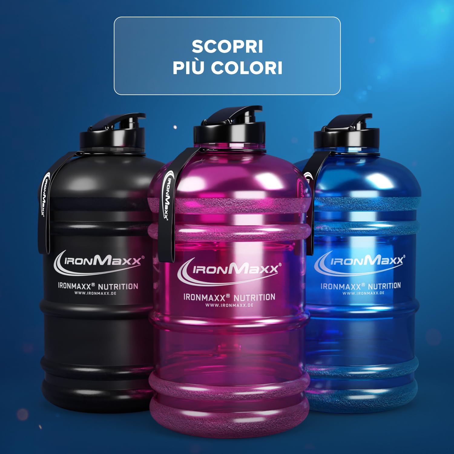 IronMaxx Water Gallon - Borraccia da 2200 ml a Prova di Perdite - Priva di BPA - Adatta per lo Sport - Blu Satinato