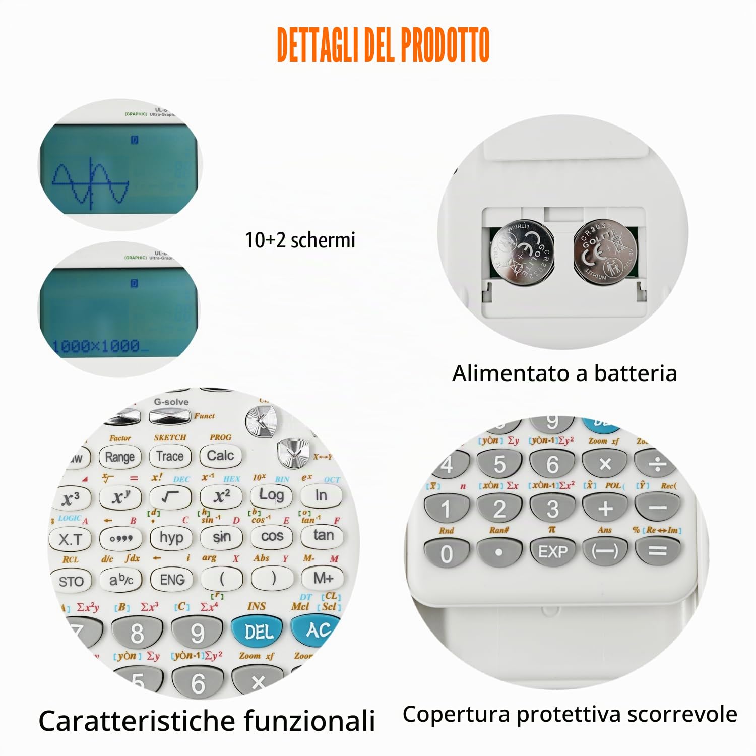 Calcolatrice grafica scientifica con 360 funzioni, grafica/statistica/algebre/calcolatrice con display a 10+2 cifre per studenti universitari e superiori, ufficio e affari, bianco