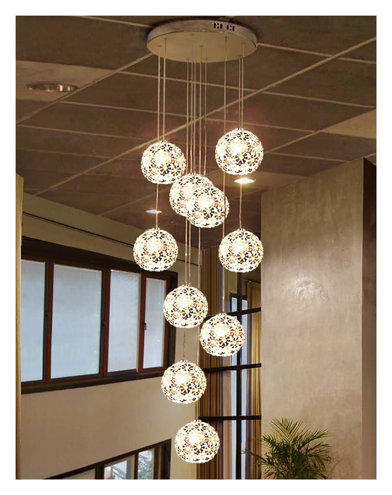 PCXEHUYP Modern Multi Lights Hollow Chandelier for Living Room Loft Luxury Staircase Pendant Light with Metal Crystal Lampshade Perfect Hotel Villa Stairwell Silver Color