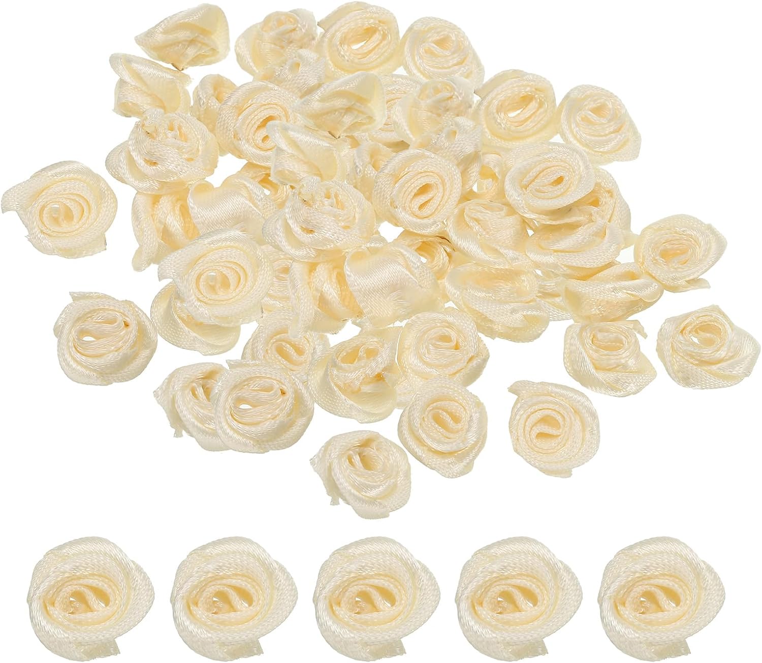 PATIKIL 0.6" Mini Satin Ribbon Roses, 50 Pcs Tiny Fabric Flowers Embellishments Rosettes Applique for DIY Crafts and Wedding, Beige