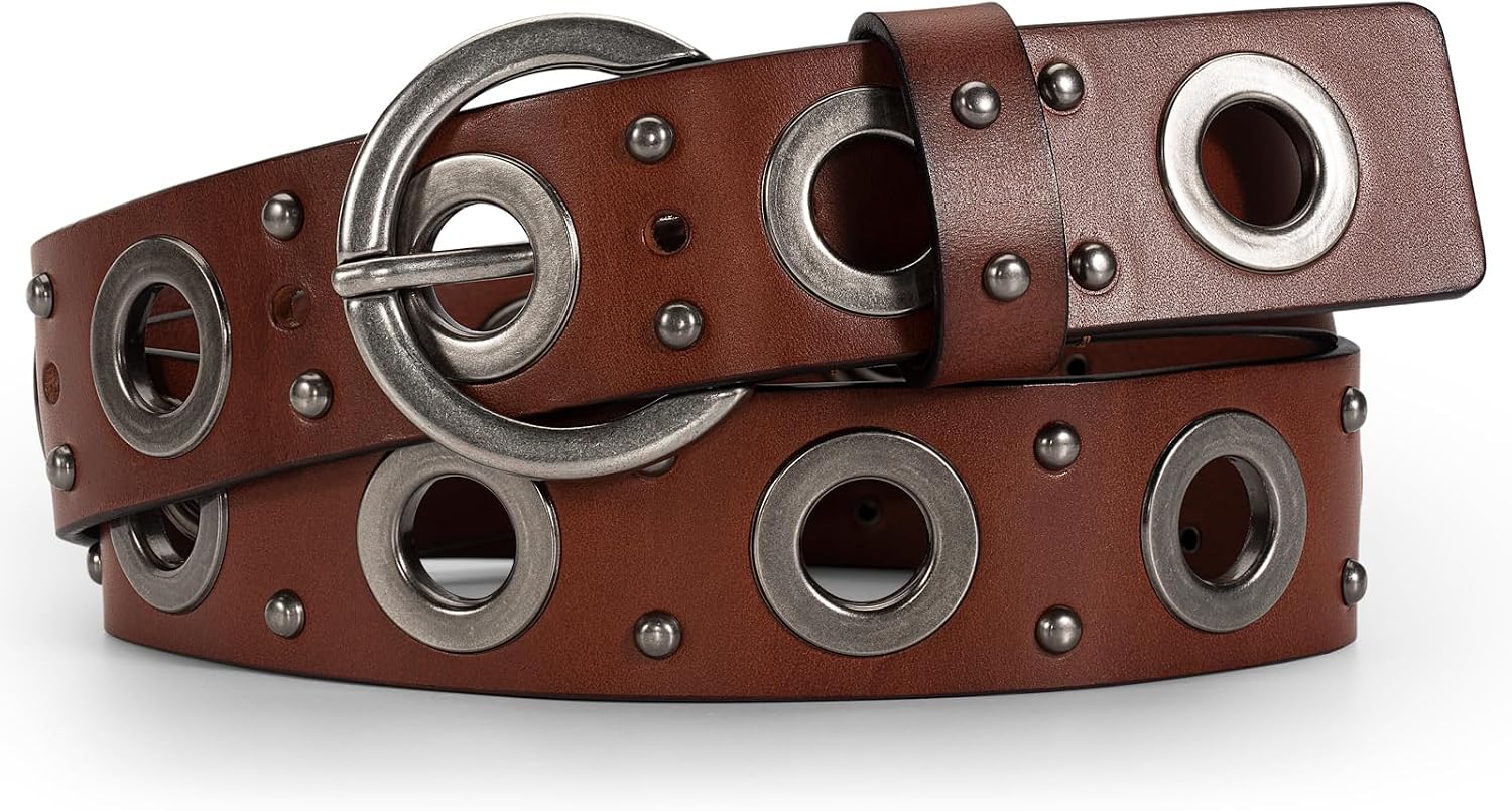 Women Genuine Leather Belt 1.5" Chunky Silver Ring Studded