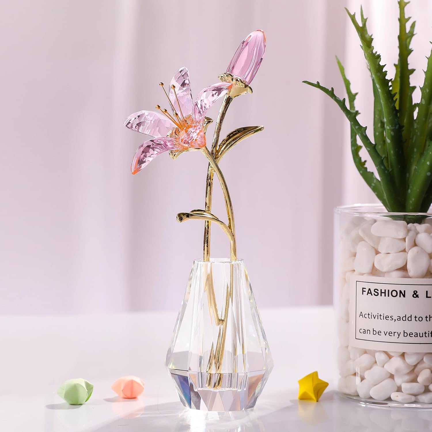 LONGWIN Crystal Artifical Tiger Lily Flowers with Vase - Pink Crystal Collectible Figurines Decorative Blooming Lily Flower for Home and Wedding - Image 2