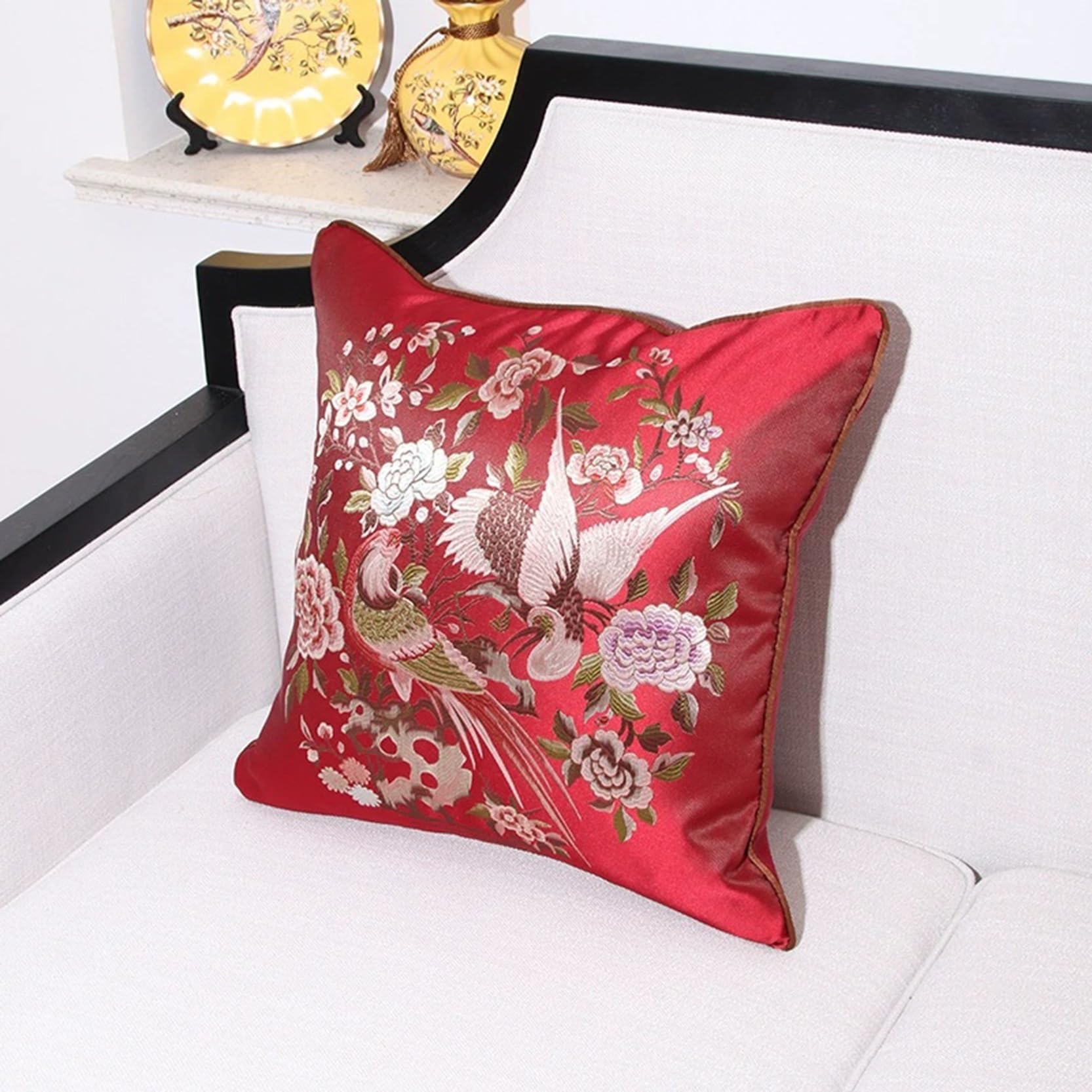 WABMJGW Birdsong and Floral Pattern Cushion Covers Set of 2,Decorative Throw Pillow Covers with Hidden Zipper,Comfortable Sofa backrest Square/Rectangular Pillow Cases(Red,58x58cm)
