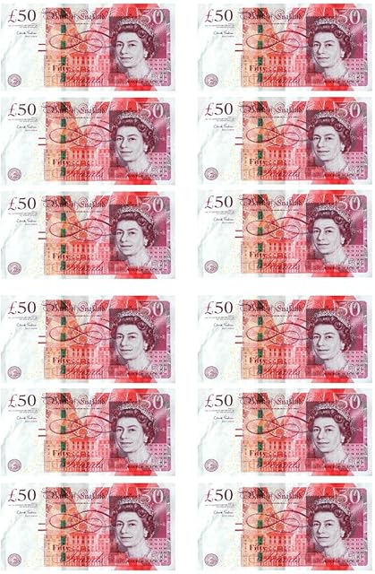 EdiblecakeDecor 12 x 50£ Notes Edible Money Pounds Edible Rice Paper Cupcake Toppers Cake Decor Birthday Note