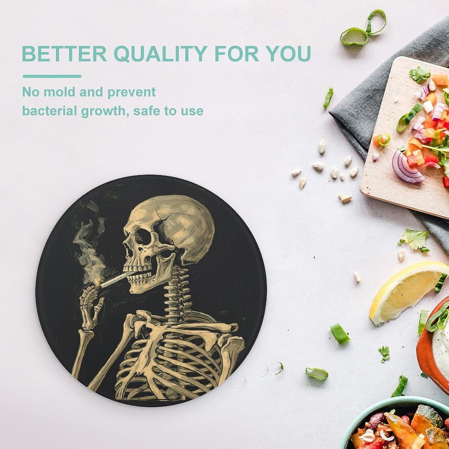 A Skeleton with Burning Cigarette Chopping Block Tempered Glass Cutting Board Mats Round Countertop Cutting Boards Small Charcuterie Boards Bar Cheese Board Snack Tray