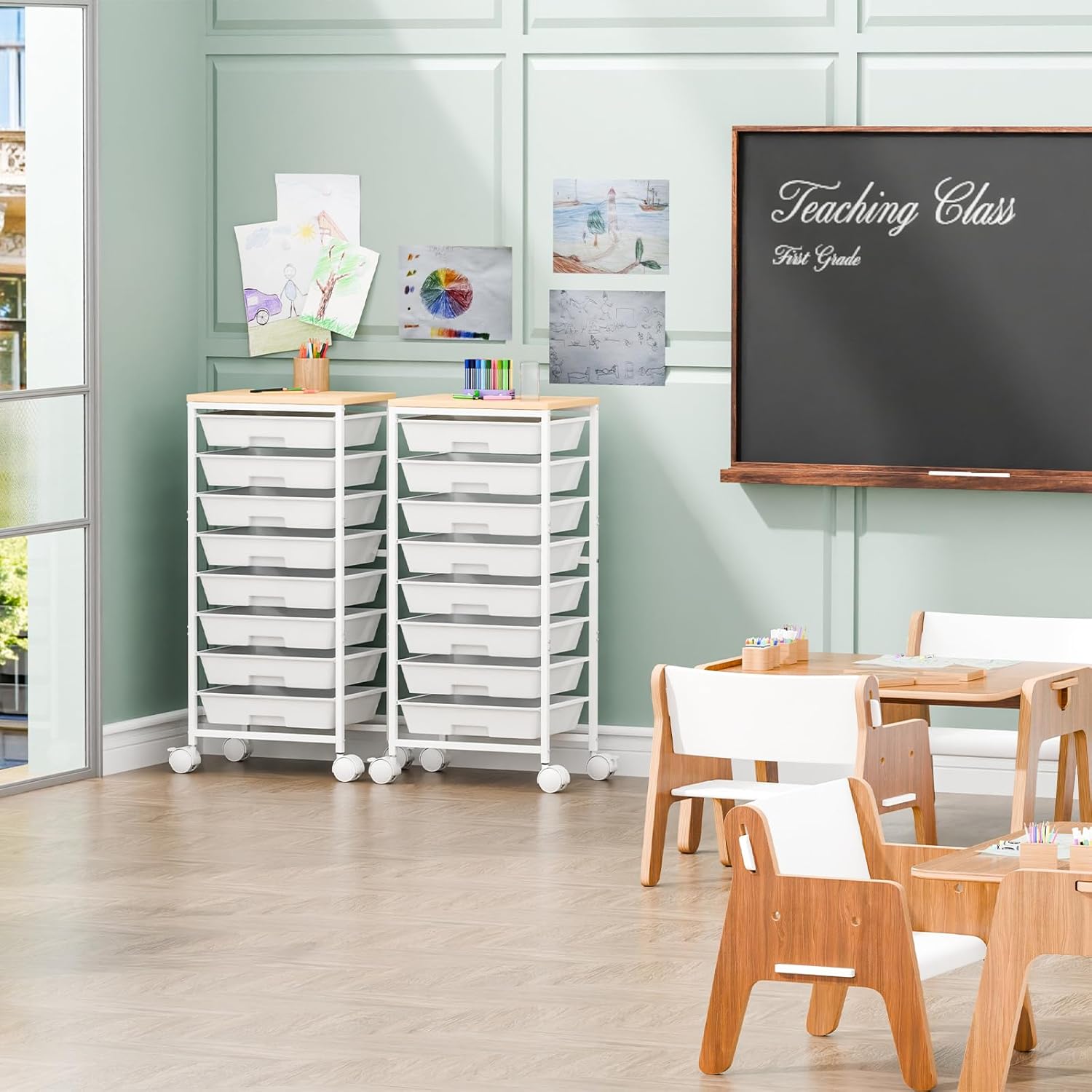 Rolling Cart with 8 Drawers, Art Cart with Storage Drawers and Wooden Tabletop, Utility Craft Cart for Living Room, White - Image 8