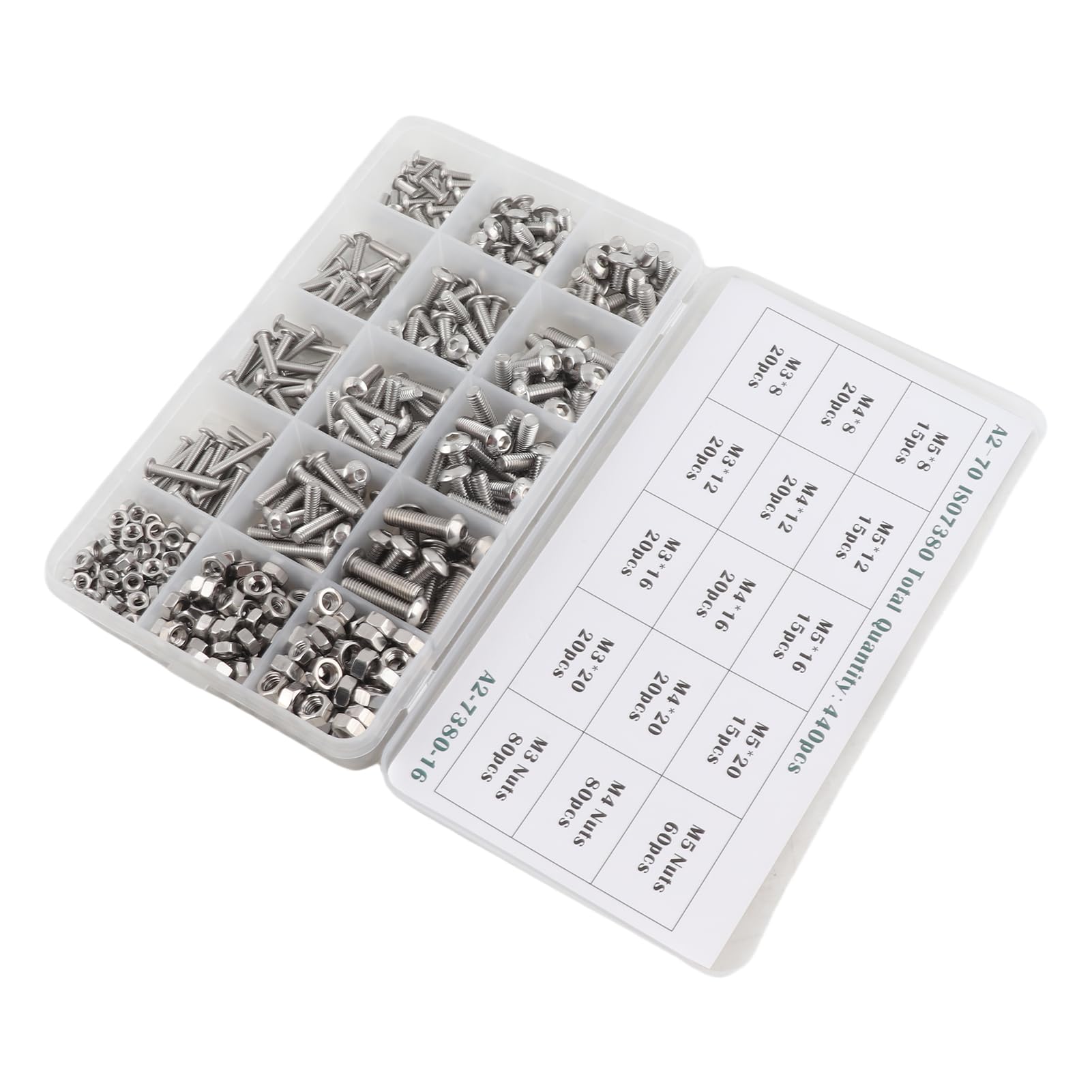 440-teiliges Muttern-Bolzen-Schrauben-Set aus Edelstahl, Sortiment M3, M4, M5, tragbares Hardware-Set für Maschinen, Möbel, Autoreparatur, langlebig, 304 Edelstahl, verschiedene