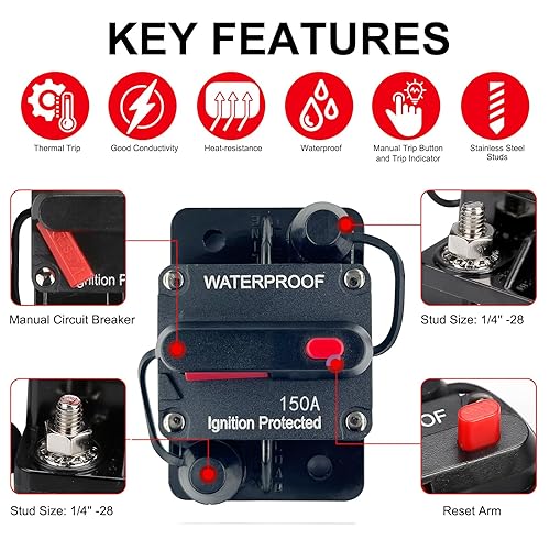 Miniatura 5 de Xipupoo Disyuntor de 150 amperios de 12 V a 48 V CC con botón de interruptor de reinicio manual para motor de arrastre de barcos, vehículos de