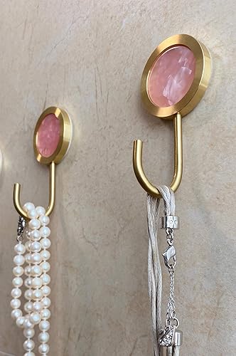 Miniatura 2 de PLEASANT BREEZE Gancho decorativo de pared de latón macizo, soporte de pared sin agujeros, gancho dorado brillante (verde ágata oscuro, paquete de 2)