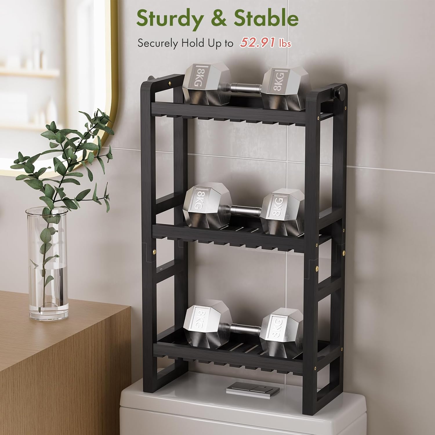 AmazerBath Bamboo Over The Toilet Storage Shelf - 3-Tier Bathroom Organizers and Storage Shelves, 2 in 1 Dual Stable Above Over Toilet Bamboo Shelf Home Storages Rack for Small Bathroom, Black