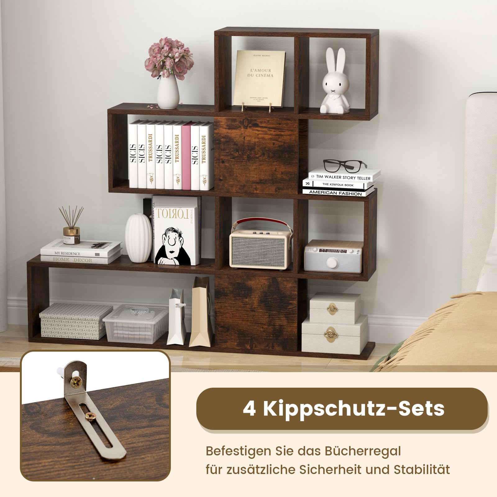 GOPLUS Regał na książki z 10 półkami, ścianka działowa, regał schodowy z drewna, regał schodowy, drewniany regał do sypialni i salonu, 120 x 20 x 109 cm (brązowy)