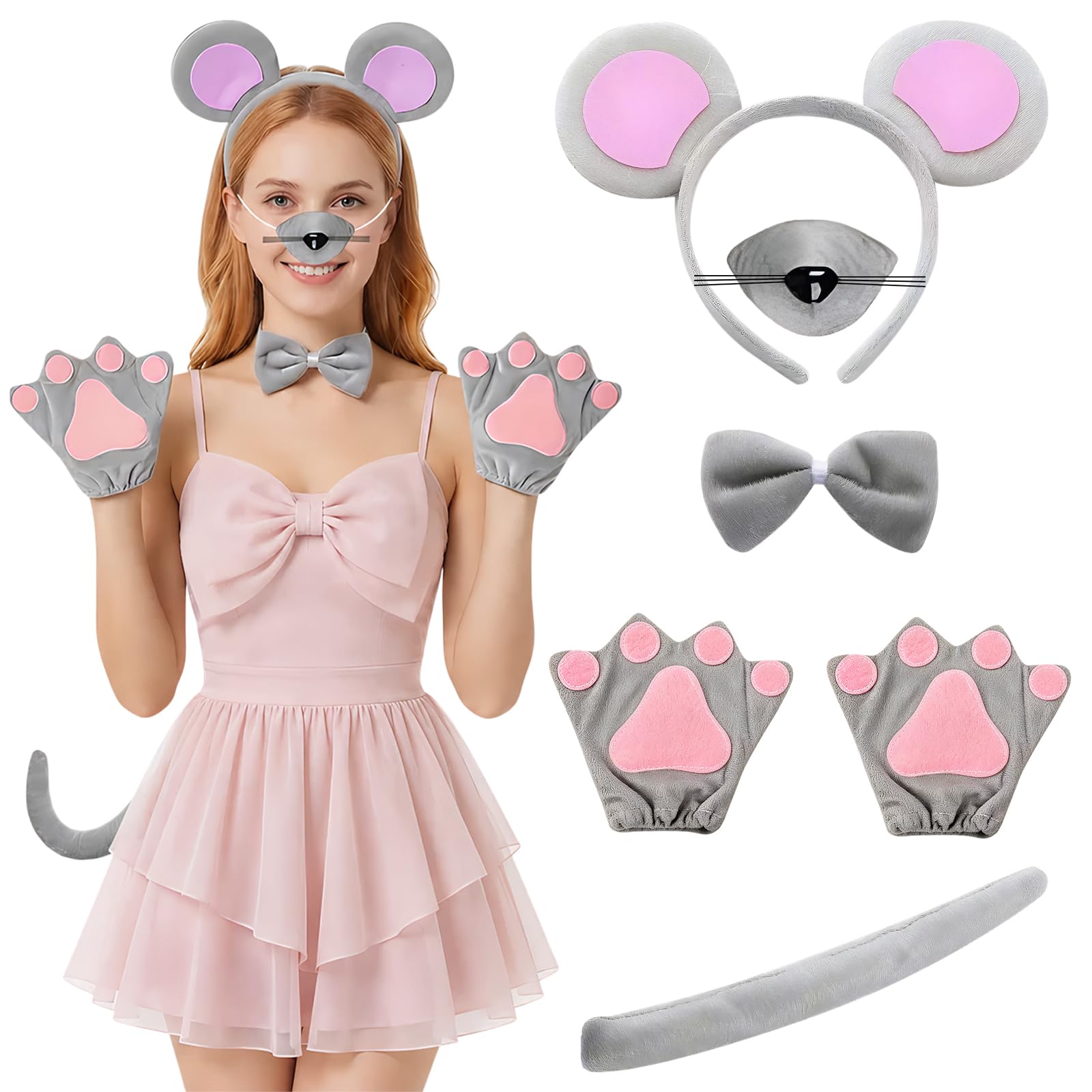 Yirrmiwn 6 Pieces Mouse Costume Set Mouse Ears Headband Tail Bowtie Nose Gloves Adult Animal Dress Up Set, Fancy Dress Accessories for Halloween Birthday Cosplay Party