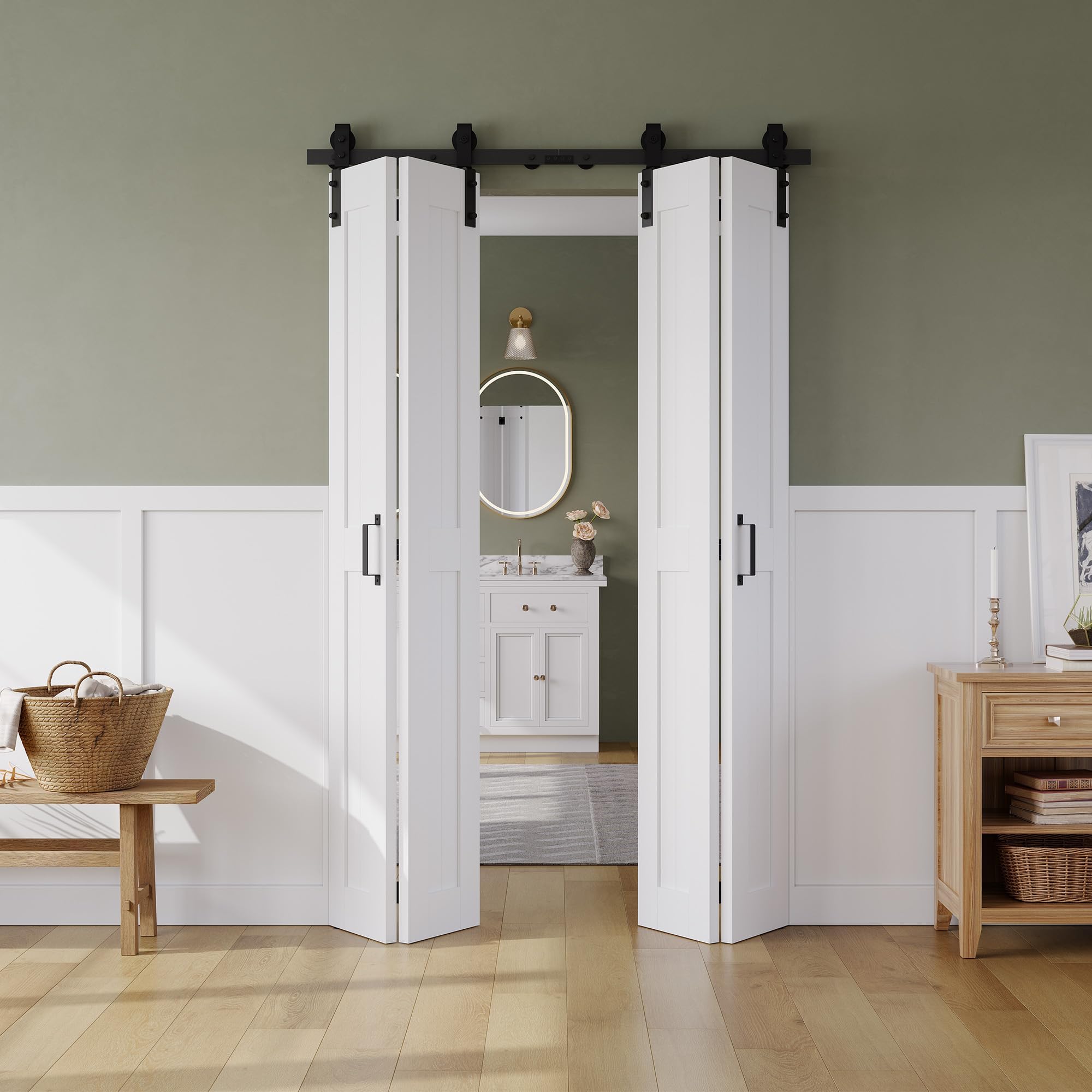 - Bifold Barn Door 48" x 84", MDF Bi-Fold Sliding Closet Doors with Hardware Kit Included, Pre-Finished Easy Assembly, Water-Proof PVC Surface & Save Space, H-Frame, 56" Track for 4 Doors,White