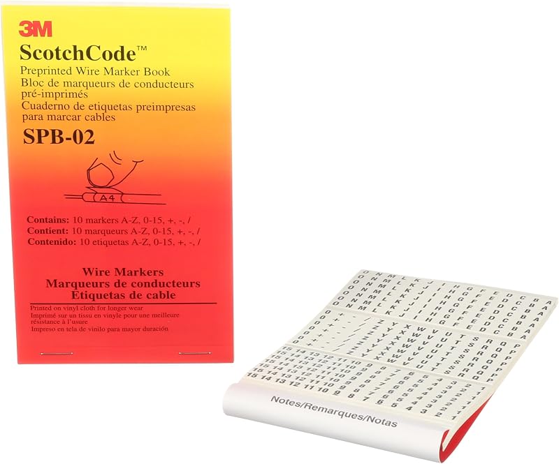 3M ScotchCode Pre-Printed Wire Marker Book SPB-02 | 10 each A-Z, 0-15, +, -, /, For Marking Wire and Cables, Electrical Cable Management