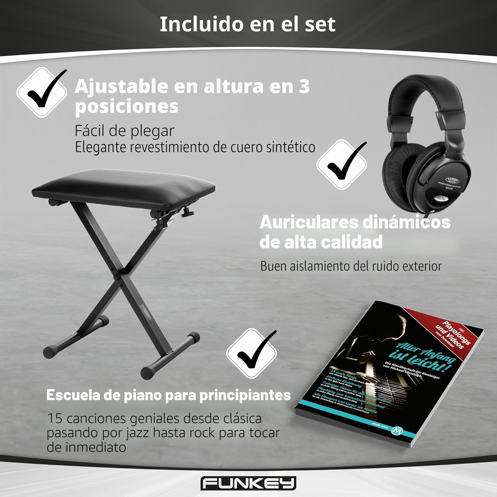 Piano digital FunKey DP-88 blanco set con auriculares, banco de piano Economy y manual