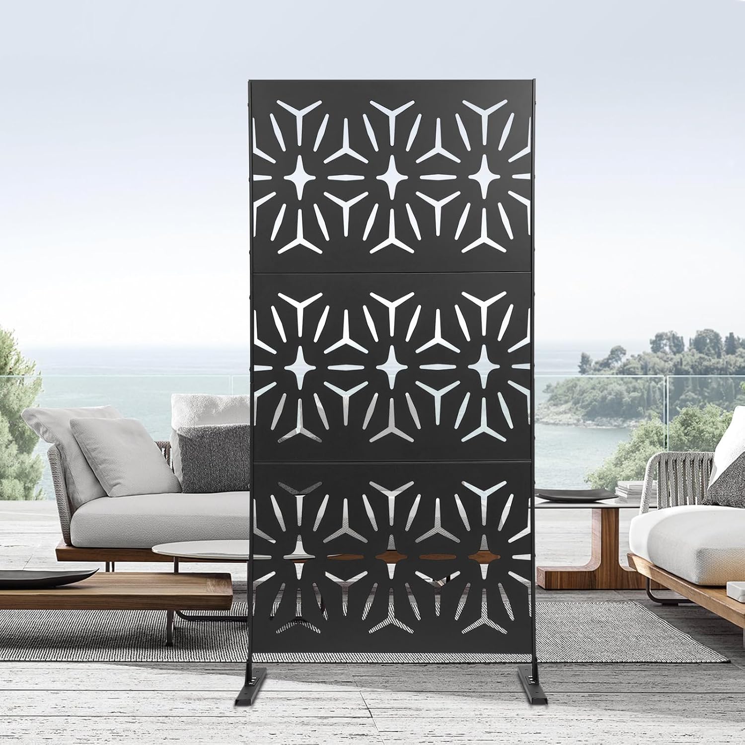 3 Ft W X 6 Ft H Decorative Outdoor Privacy Screen with Stand,Outdoor Decor Privacy Fence Screen Metal Fence Panels, Standing Metal Divider for Patio,Garden (Black/Style C)