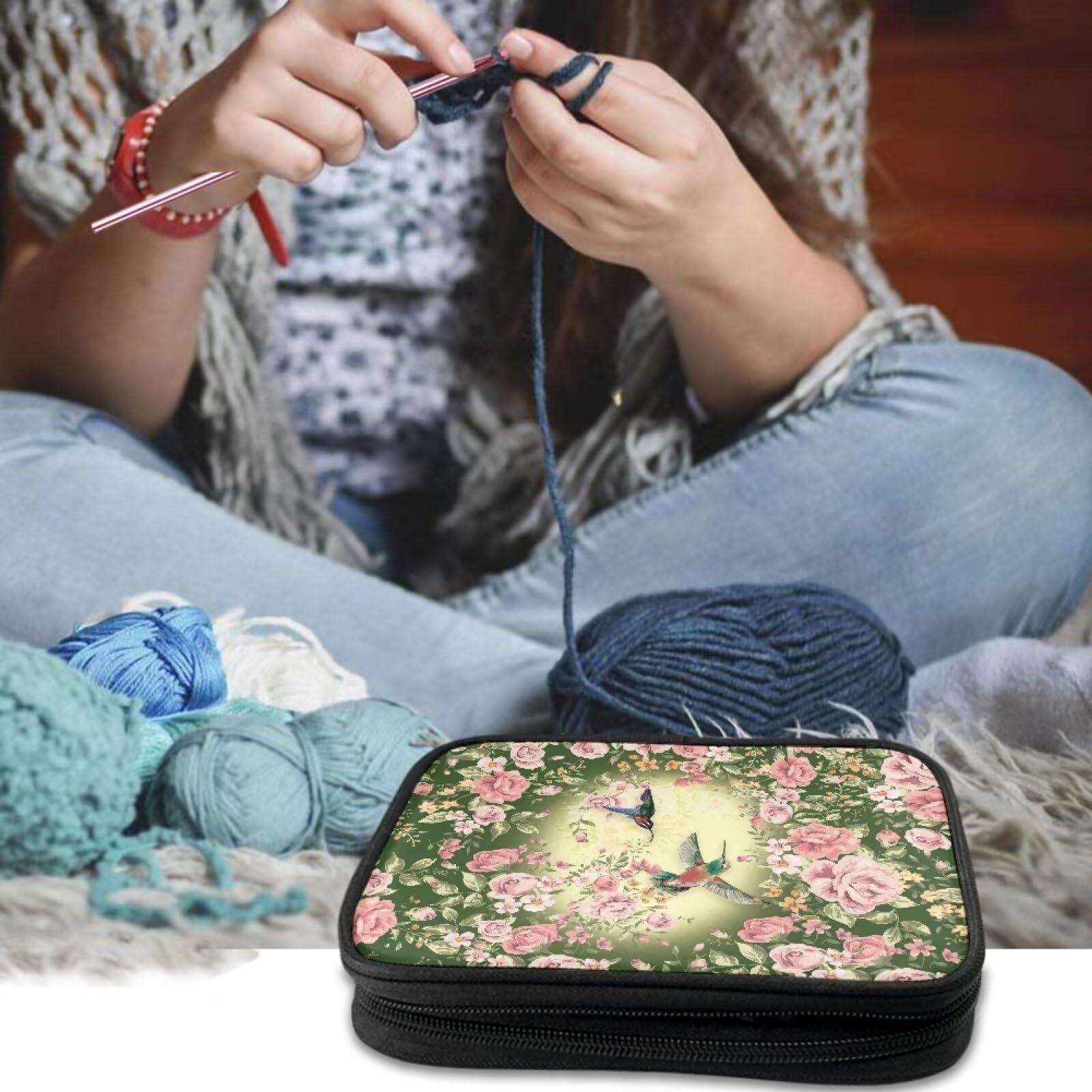 Wiryuouvt Hummingbird Crochet Hook Organizer Pink Flower Cute Interchangeable Knitting Needle Case Portable Needle Case Crochet Hook Holder Organizer Knitting Needle Case