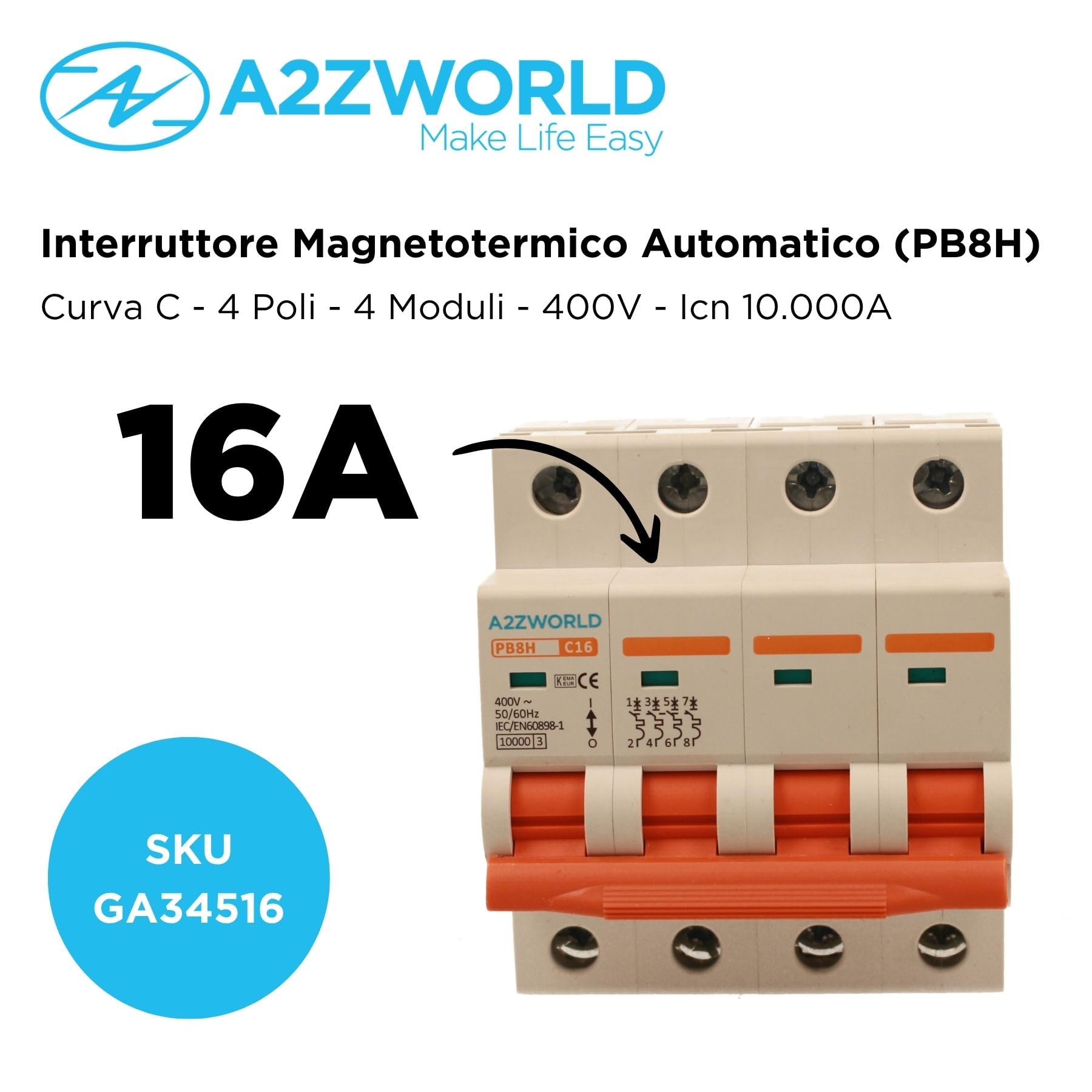 Interruptor magnetotérmico trifásico 4P 16 A C16, curva C 10 kA, 4 módulos DIN 380 V AC, certificado IEC60898-1, serie PB8H