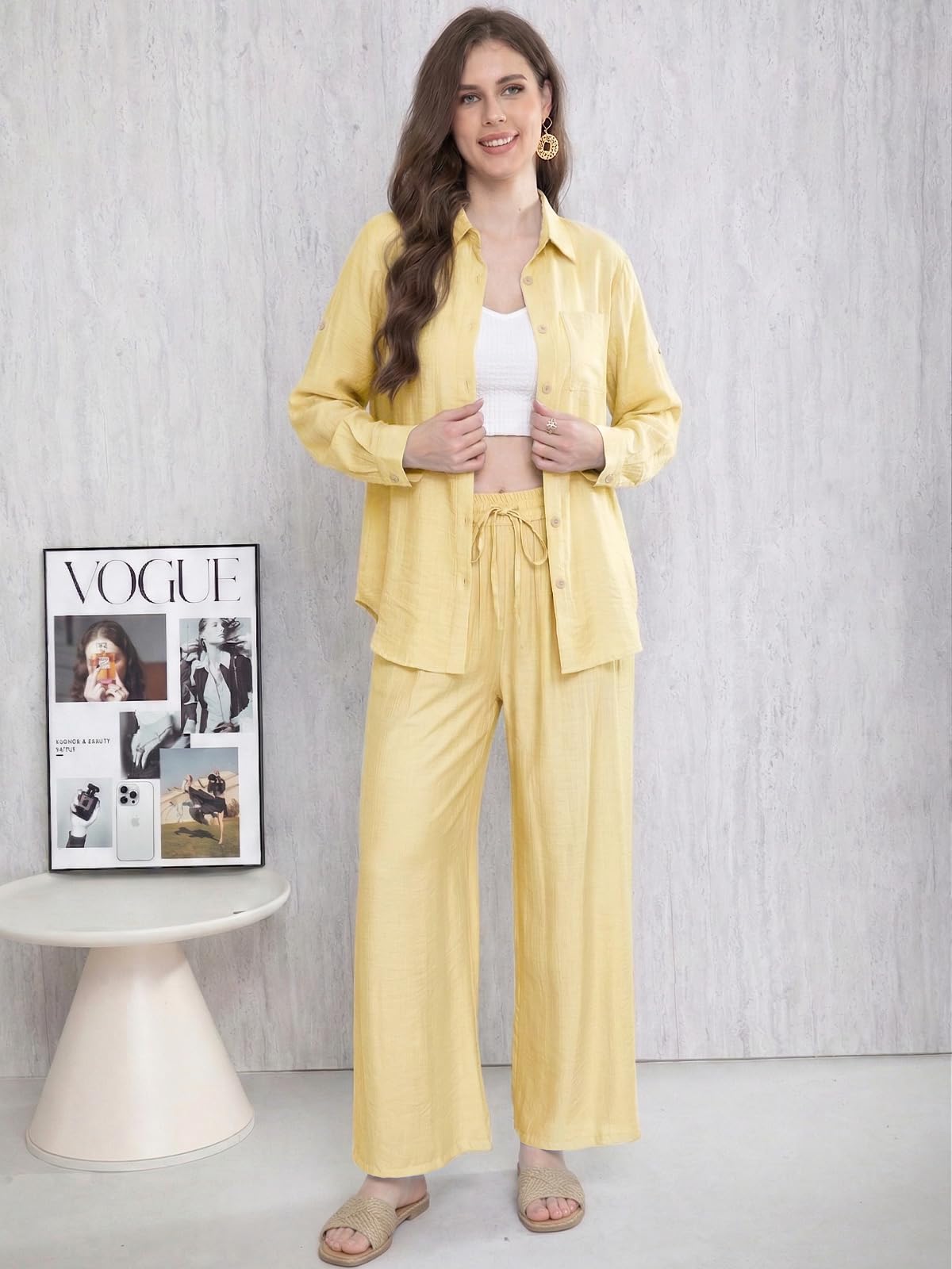 Adigaber Chándal de Manga Larga para Mujer Camisa con Botones y Holgado Cintura Alta Pierna Ancha Cordón Pantalones con Bolsillos