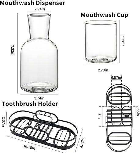 Miniatura 2 de Juego de dispensador de enjuague bucal de vidrio, soporte para cepillos de dientes de acero inoxidable con botella de enjuague bucal de 27 onzas,
