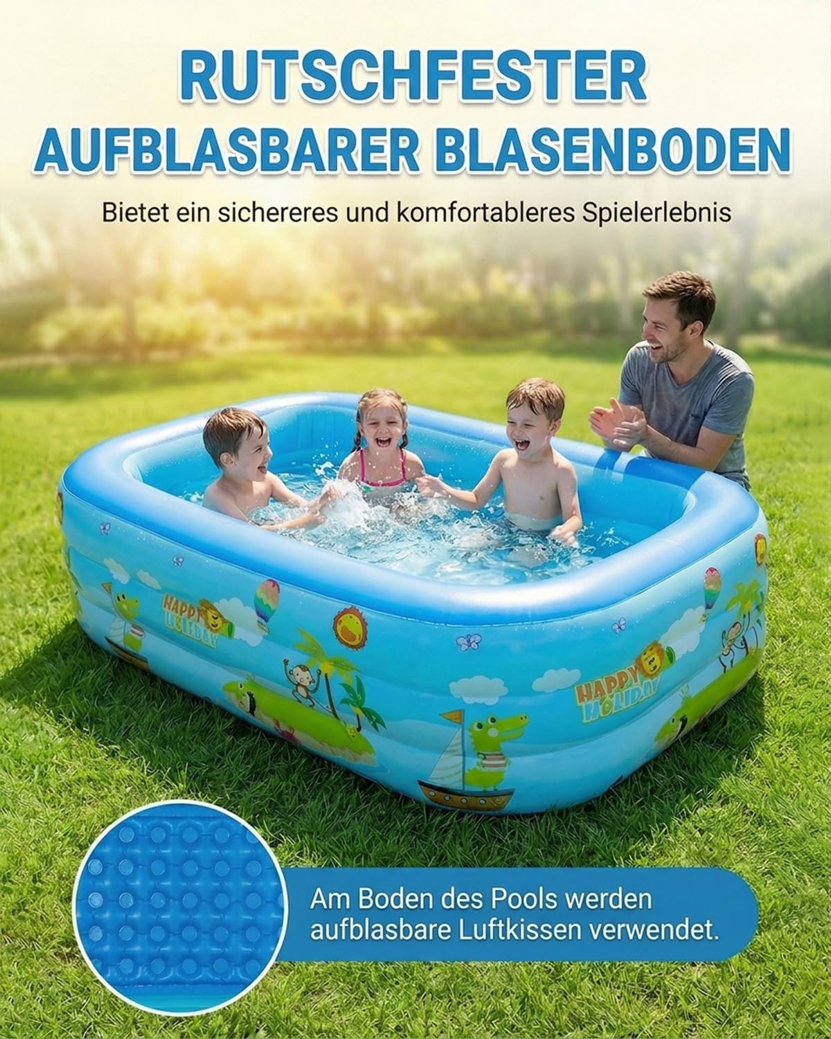 Aufblasbares Planschbecken, 210×135×60CM Planschbecken Kinderpool, Verdicktes PVC-Material Aufblasbarer Kinderpool, 3 Ringen Planschbecken, Tragbare Schwimmbecken für Outdoor Garten