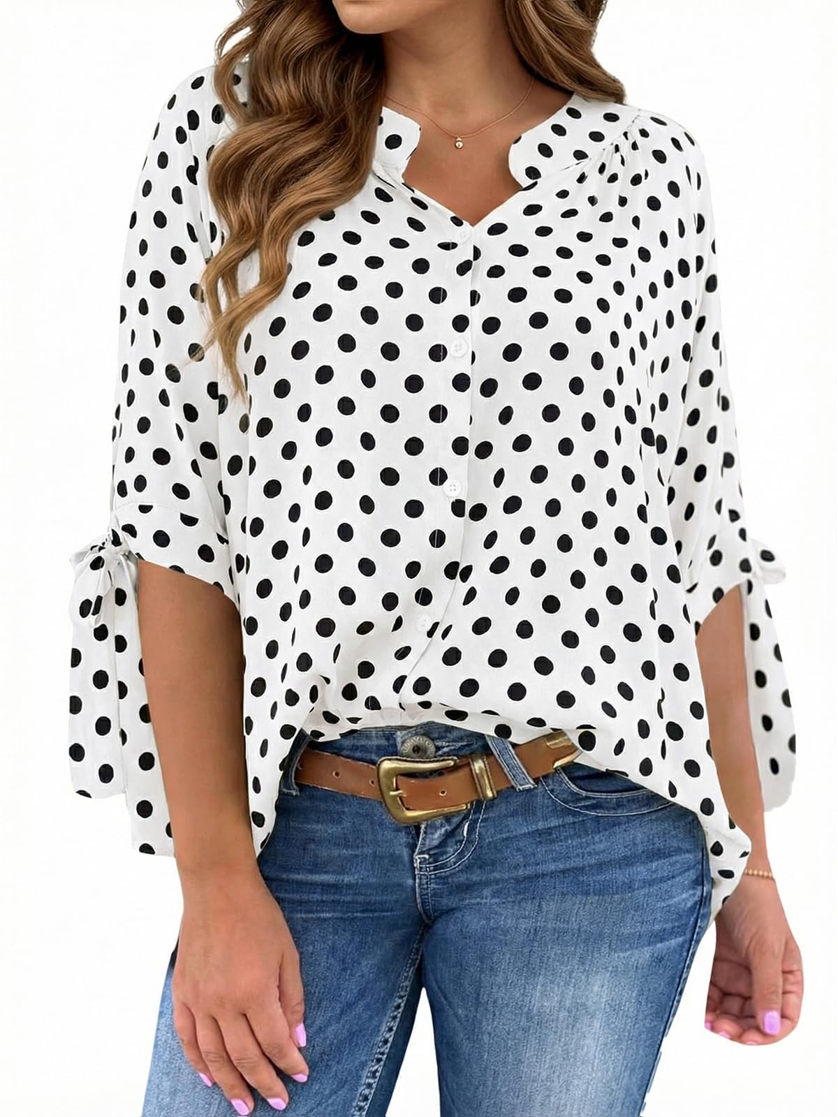 Cicy Bell Bluse Damen Punkte V Ausschnitt T-Shirts Button Down Sommer Tunika Tie Halbarm Top Lässige Oberteile