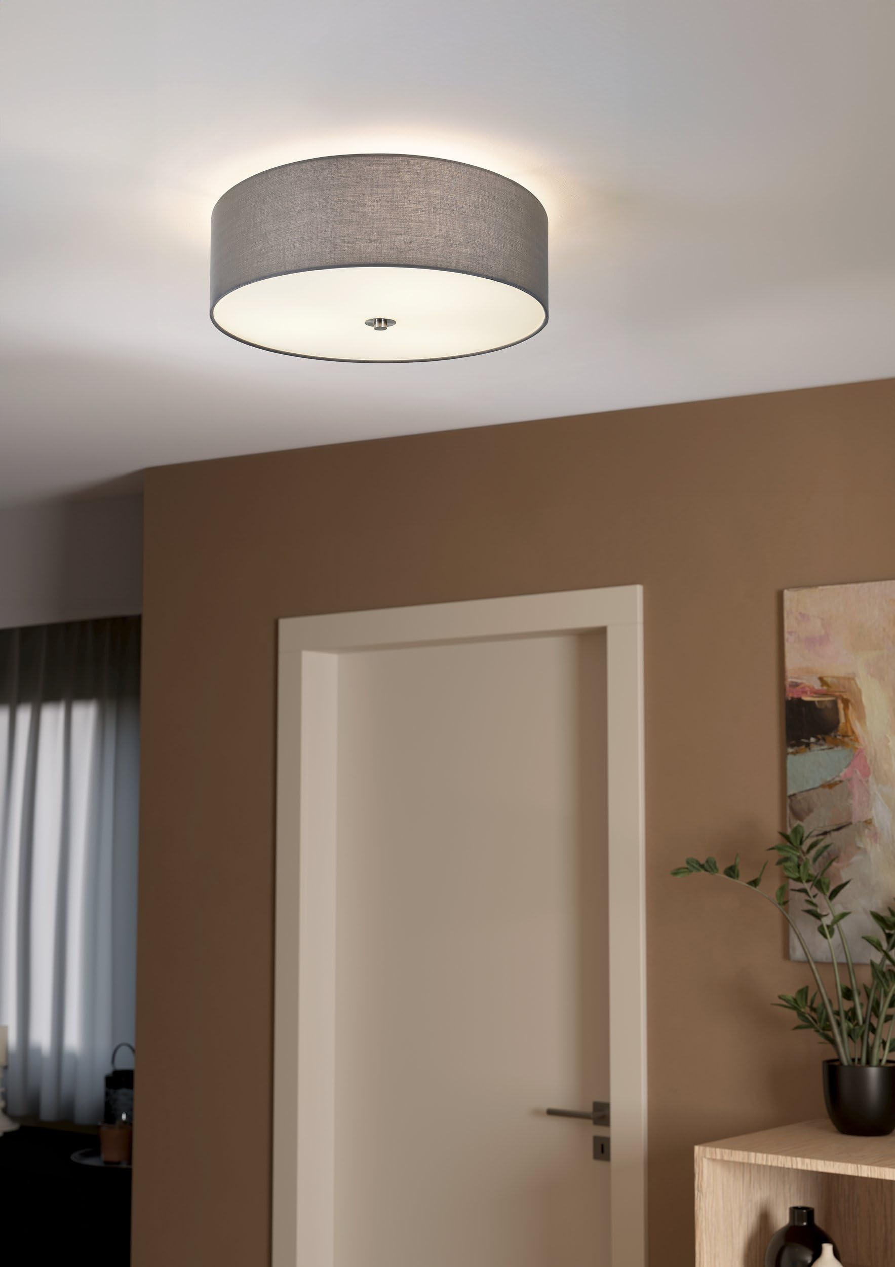 Eglo Plafoniera Pasteri, plafoniera tessile a tre punti | luce, acciaio, tessuto, vetro, nichel opaco, grigio, E27, diametro 47,5 cm