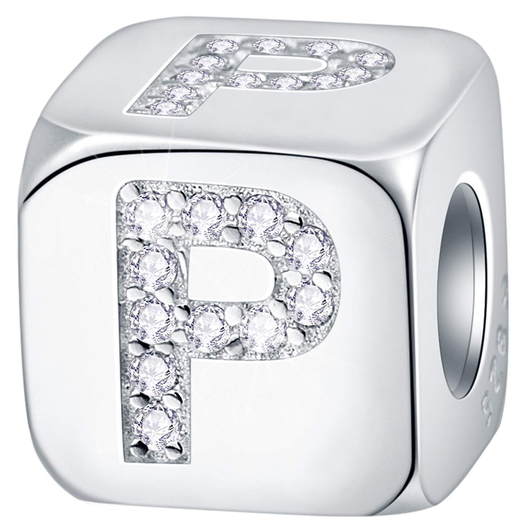 EMOSTAR Dice-Shaped 26 Block Letters Charms Initial A-Z Alphabet Beads 925 Sterling Silver Square Cube Charms with CZ