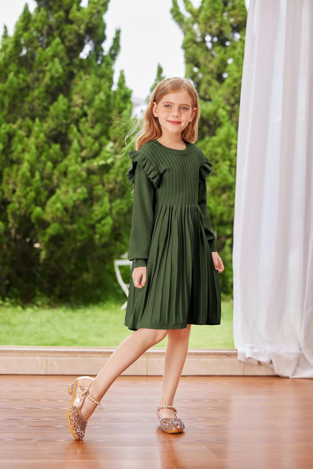 Danna Belle Girls Sweater Dress Lantern Sleeve Ruffled Fall Winter Dresses 5-12Y - Image 7