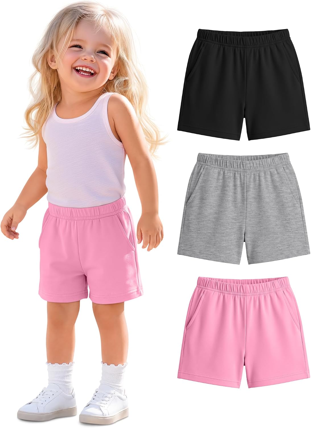 3 Pack Girls' Shorts Lightweight Bike Shorts Athletic Elastic Waist with Pockets Summer Kids Toddler Age 2-14