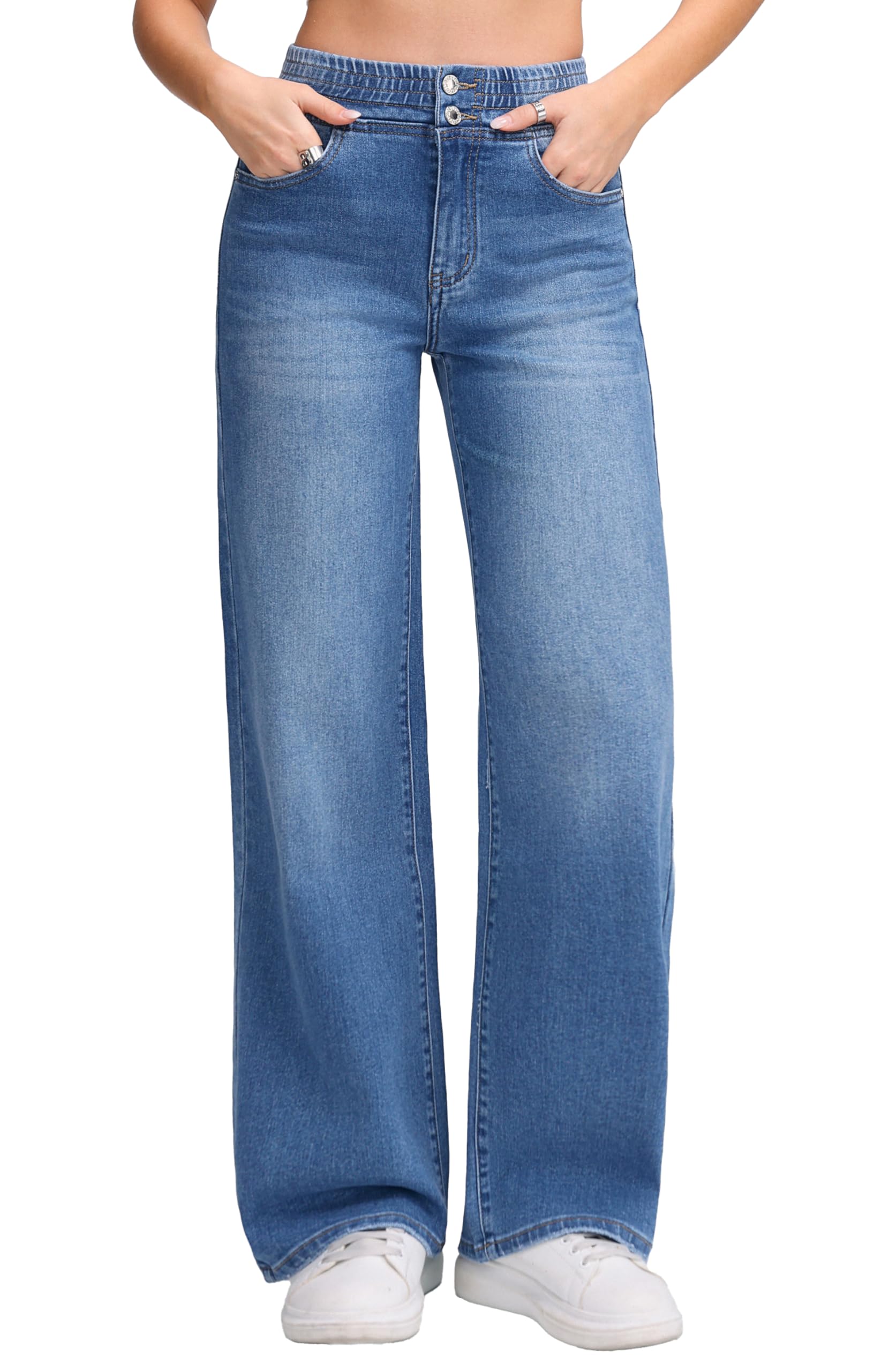Jeans Donna Vita Elasticizzata con Coulisse Gamba Larga Denim Lavaggio Chiaro Casual Morbidi Tempo Libero