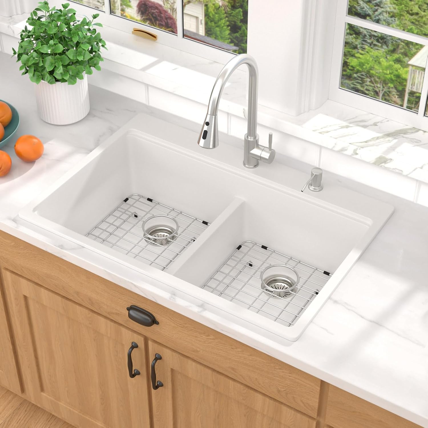33 Granite Composite Kitchen Sink Double Bowl - 33x22 Inch White Granite Kitchen Sink Drop In Workstation Double Bowl 50/50 Split Quartz Classic Over Counter Sinks #TLDB-516