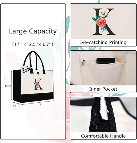 Miniatura 121 de Initial Canvas Tote Bag, Personalized Birthday Gifts for Women Mom Friends Teachers, Monogrammed Tote Bags Suitable for Mother's Day Wedding Beach