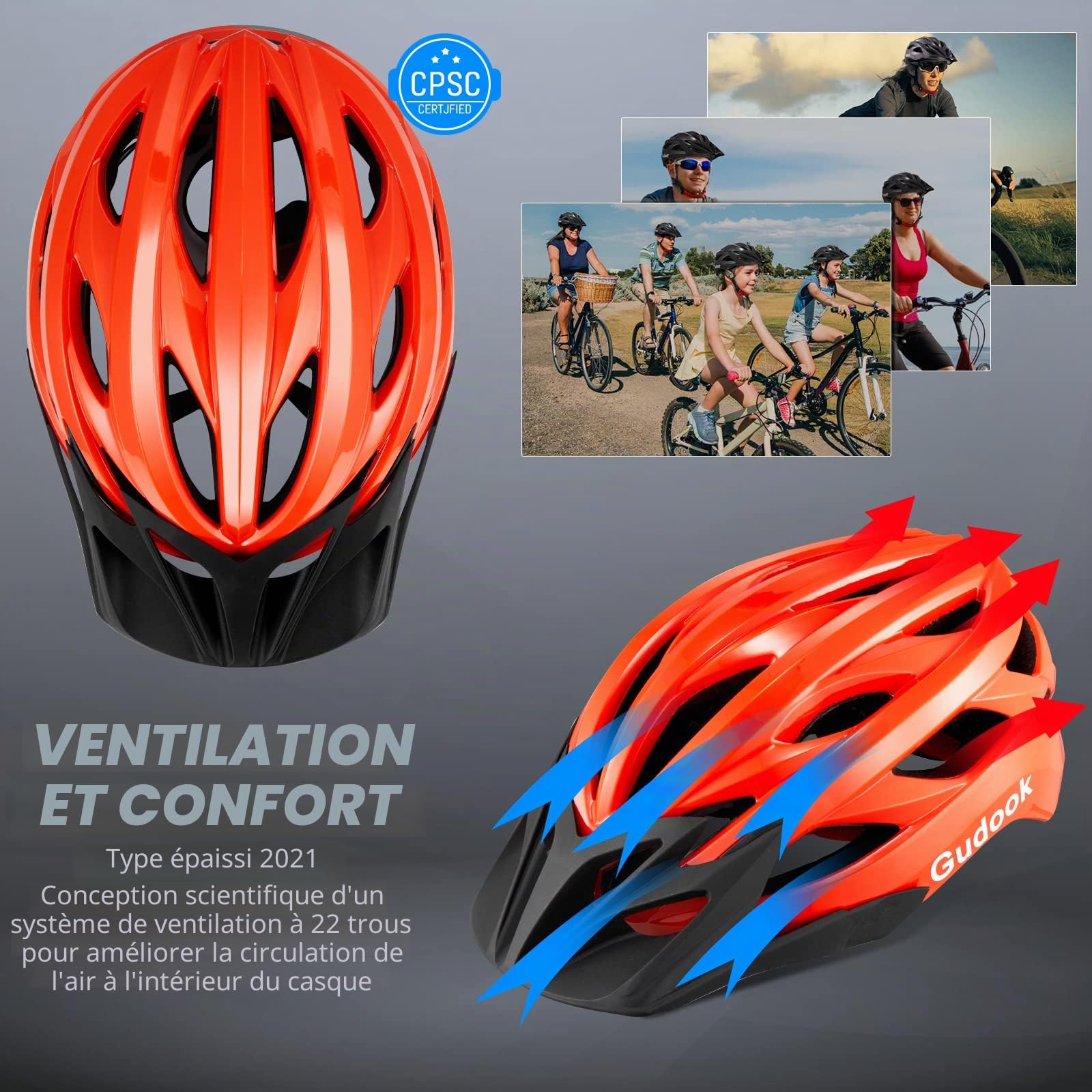 Casque de vélo pour adulte - Casques de vélo pour femme - Casque de vélo certifié léger réglable avec visière amovible pour VTT et vélo de route