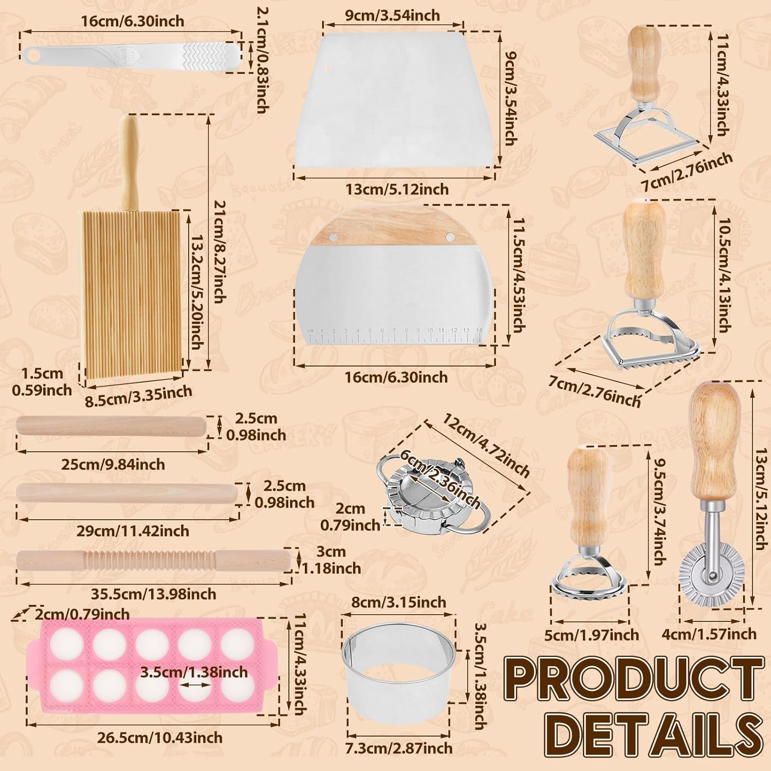 15 PCS Pasta Making Tools Set Include 1 Pasta Drying Rack, 1 Gnocchi Board, 3 Rolling Pins, 1 Filling Spoon, 2 Dough Cutter, 1 Ravioli Maker, 1 Ravioli Cutter, 3 Pasta Stamps, 2 Dumpling Maker Tools