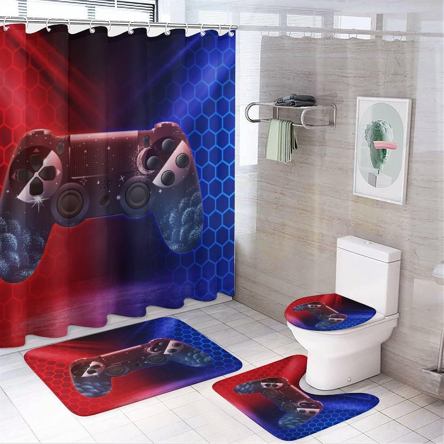 Abstract Modern Gamer 4 Pieces Shower Curtain Set, Cool Games Gamepad Gaming Red Blue Honeycomb Print Non-Slip Rugs Toilet Lid Cover Bath Mat and Bathroom Curtain