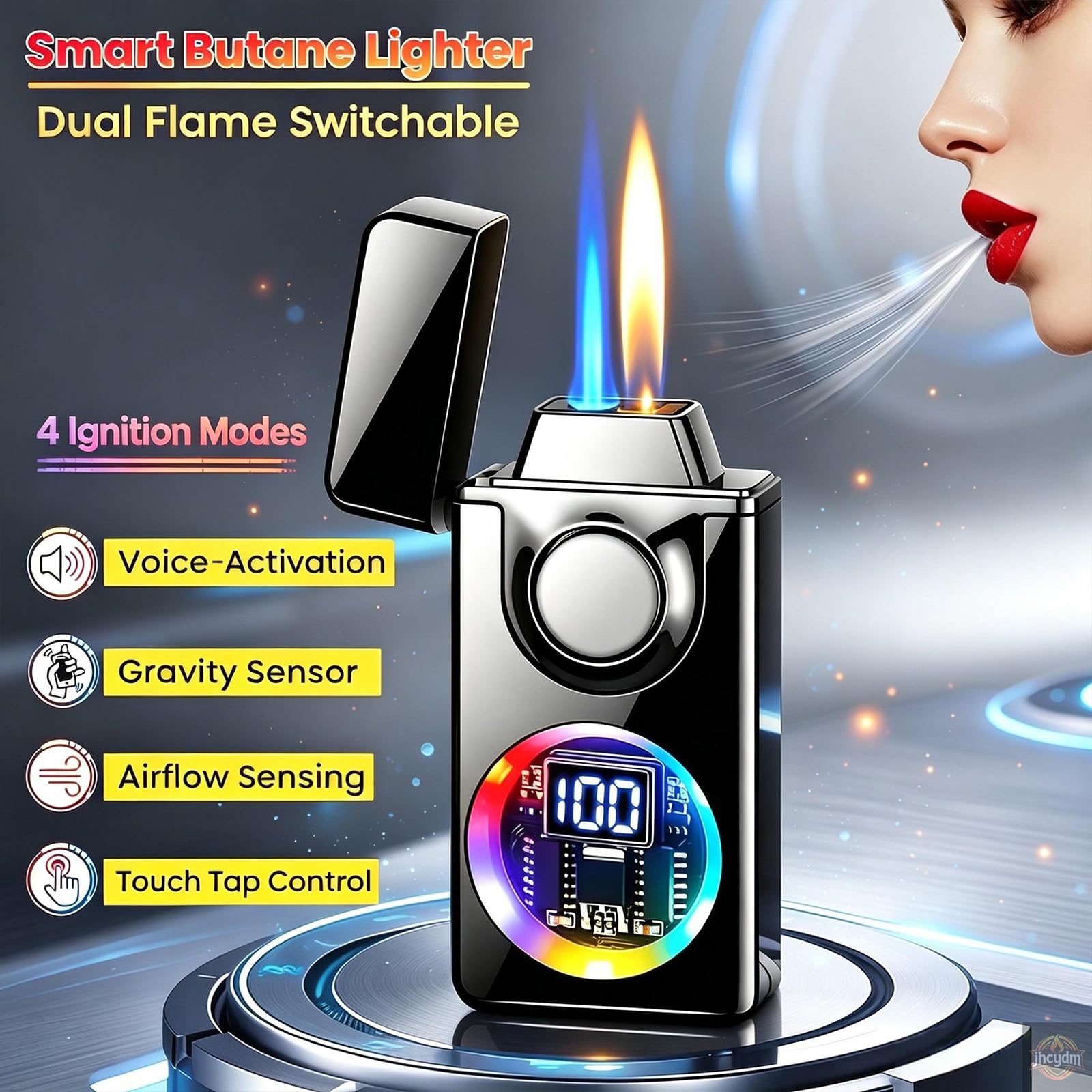 Briquet Coupe-Vent Intelligent au Butane avec 4 Modes d'allumage