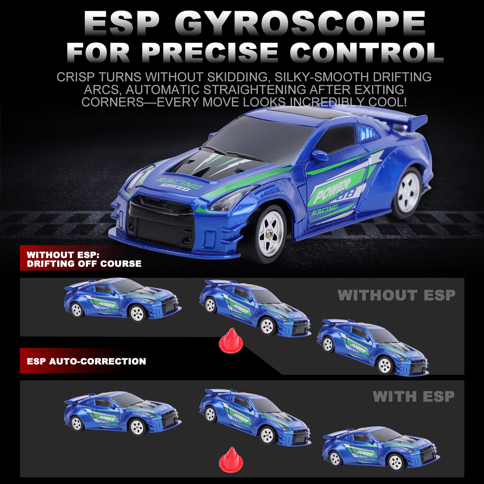 Drift Auto 1:60, 2,4 GHz Mini RC Auto Drift Car, napęd na wszystkie koła, zdalnie sterowany żyroskop, wymienne opony, oświetlenie LED i sterowanie w pełni proporcjonalne, RC (niebieski)