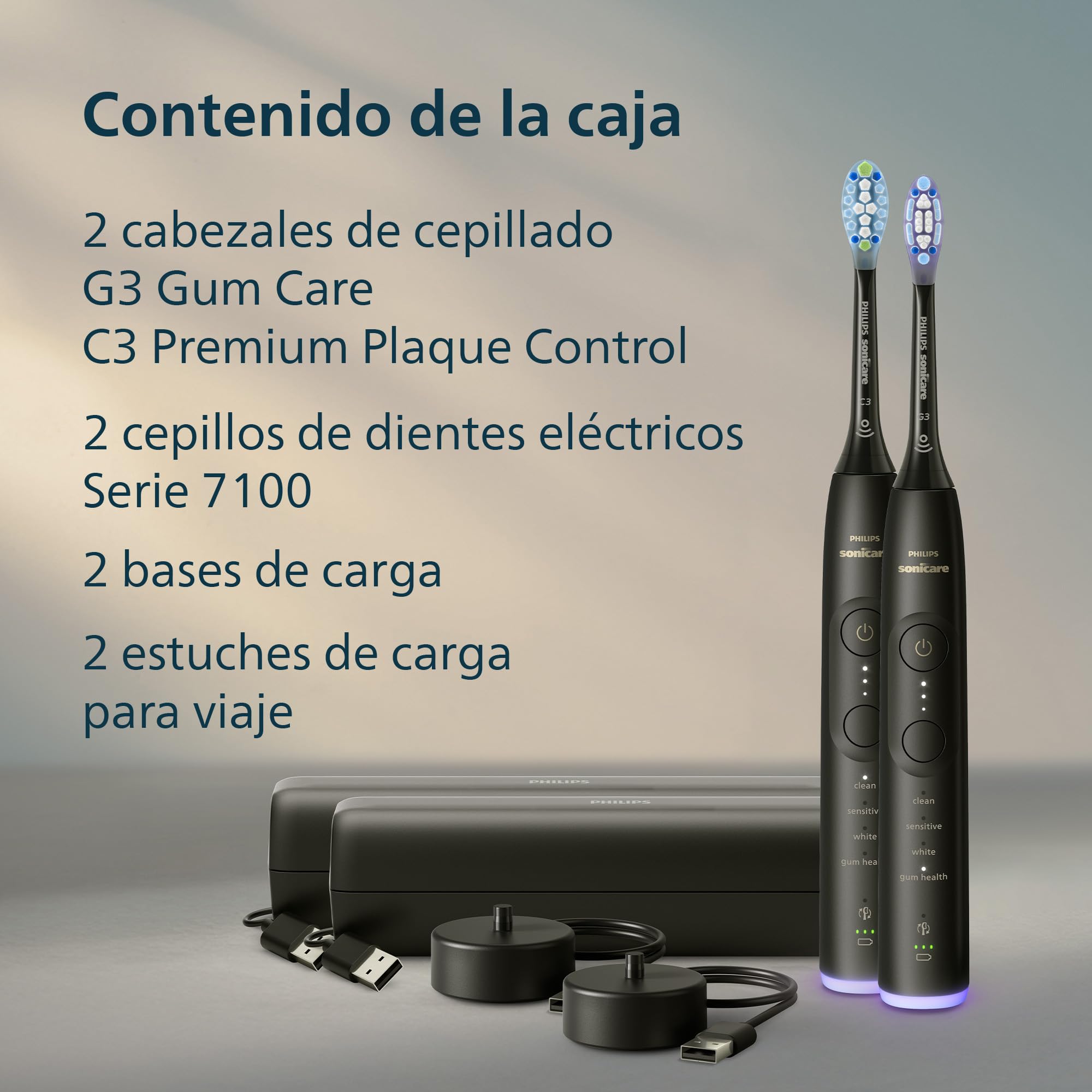 Philips Sonicare 7100 cepillo dental eléctrico, sónico con 4 modos de cepillado y 3 niveles de intensidad, EasyStart, negro, paquete de 2, modelo HX7429/03 [Nueva Tecnología]