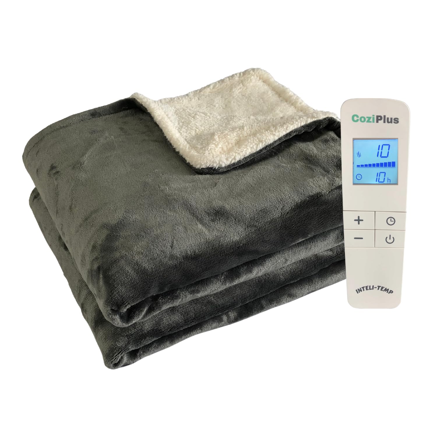 Coziplus Electric Heated Throw Blanket Flannel & Sherpa Fleece, 8 Available Colors, Fast Heating 160x130cm, 10 Heat Levels & 10 Hours Auto Off Timer, LED Display, For Home & Office Use (Grey)